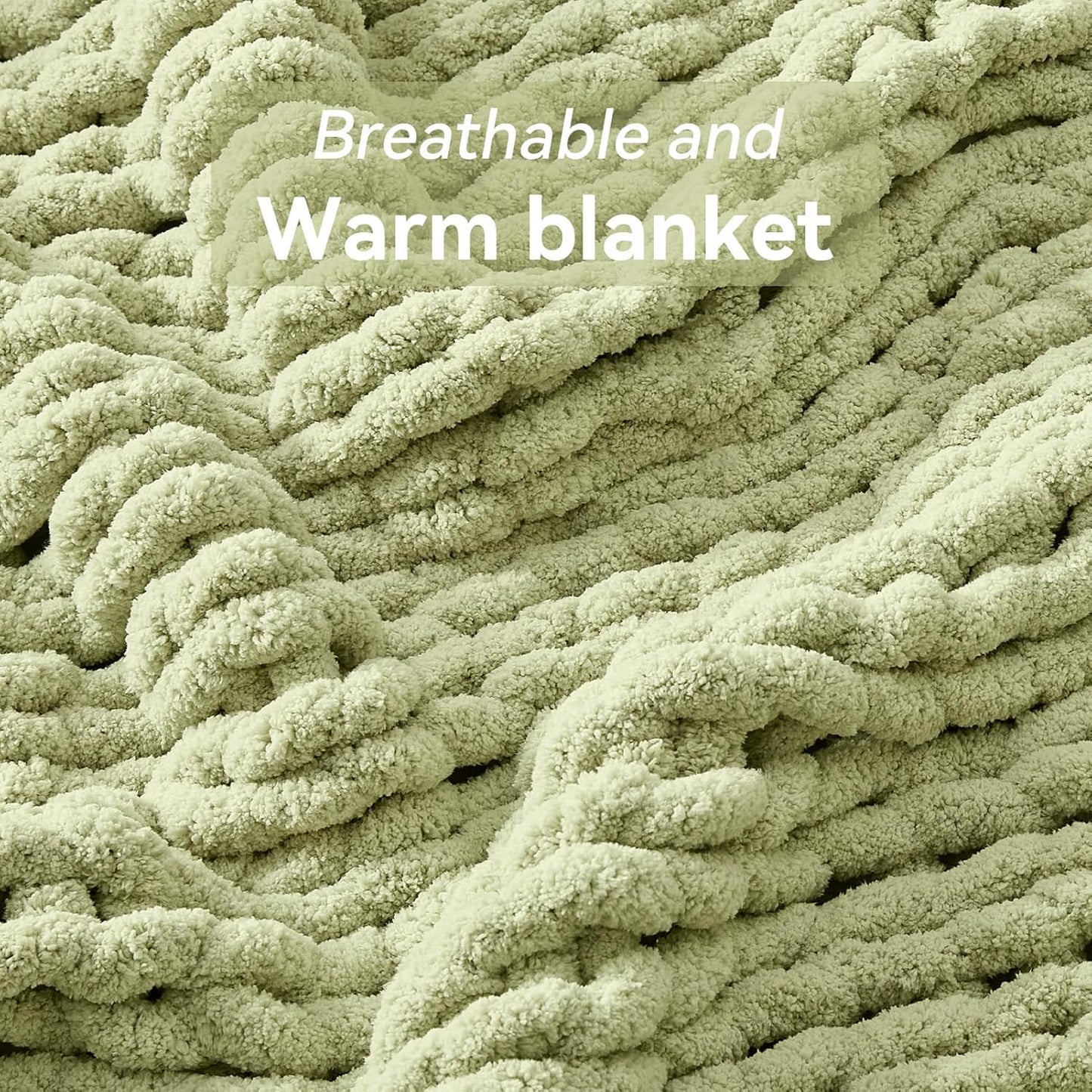 Chunky Knit Throw Blanket, 40''*50'' Knitted Throw Chenille Yarn for Bed Couch, Handmade Light Green Crochet Big Thick Blanket, Machine Washable Cute Comfy Blanket for Home Decor