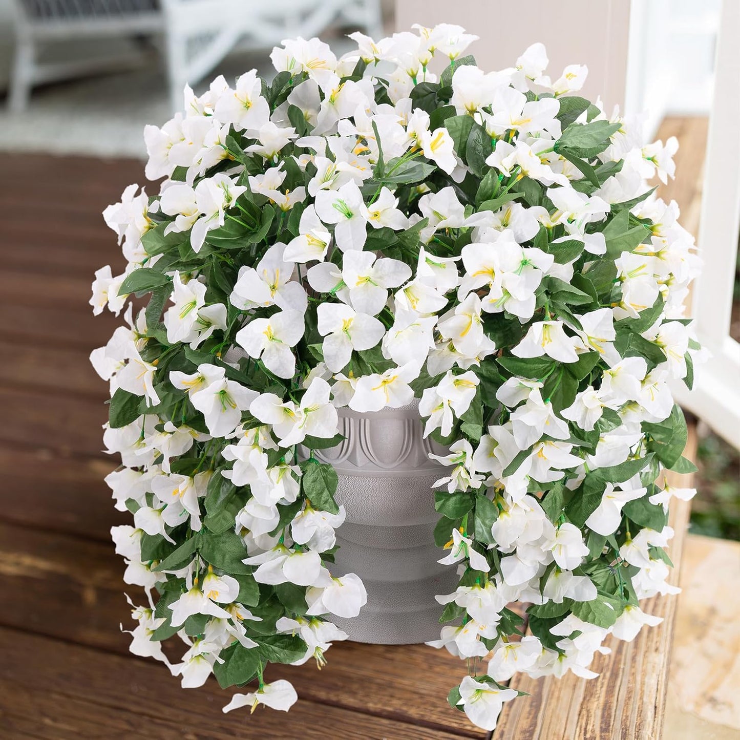 Faux Bougainvillea Artificial Flowers Plants for Outdoors Outside Decoration, 2 PCS White Fake Flowers UV Resistant Look Real Silk Long Trailing Vines for Front Door Porch Planter Patio Garden Yard