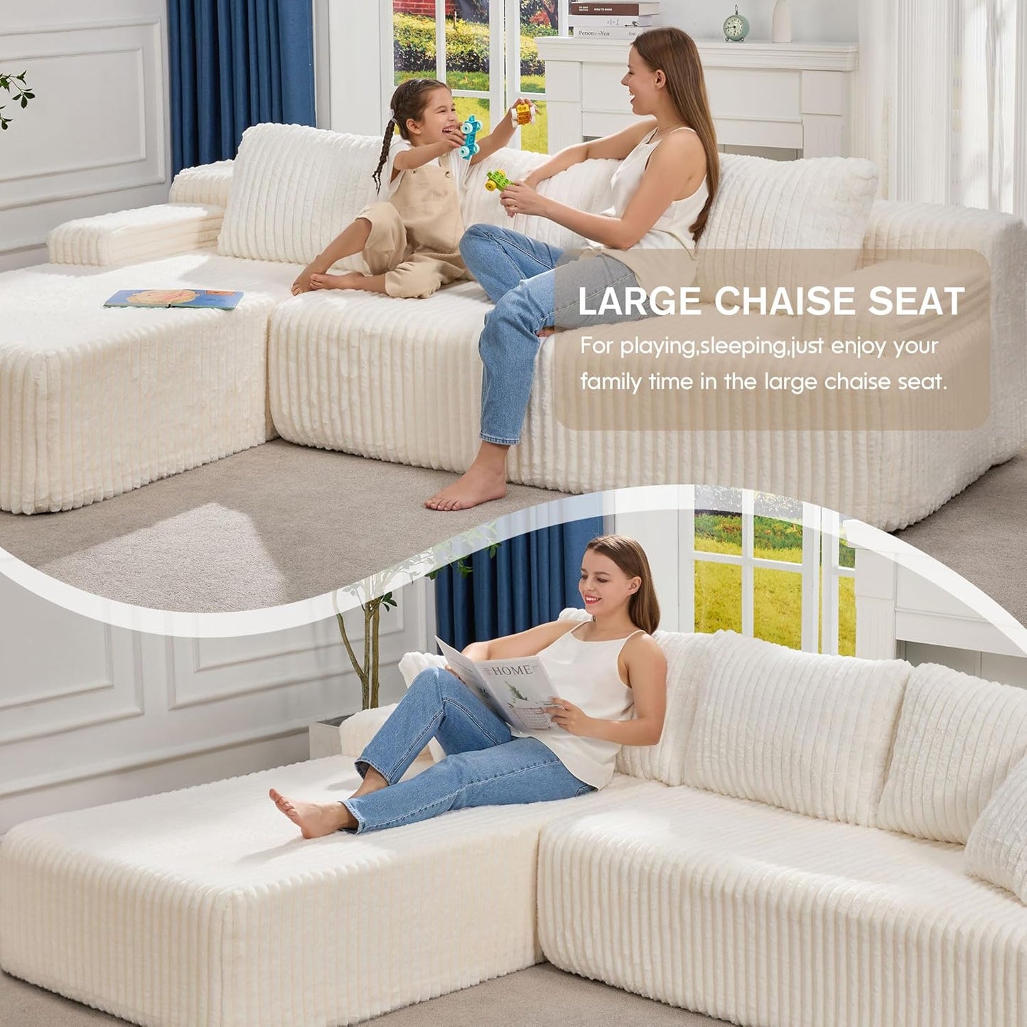 Hobestluk Modular Sectional Sofa Couches 108" L-Shape Couch 3 Seat Modular Sofa Memory Foam Sectional Couches for Living Room, Boneless Couch with Oversized Chaise (White, Left Facing)