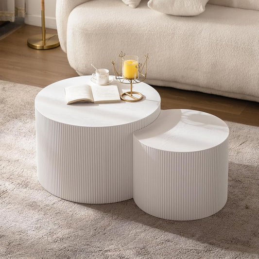 Round Nesting Coffee Table Set of 2 Modern White Fluted Coffee Table Small Round End Table Crescent Side Table Circular Coffee Tables Nested Coffee Tables for Living Room (Cream Small)