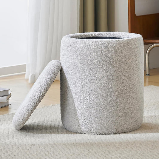 YFO Round Ottoman with Removable Lid Upholstered, Multifunctional Vanity Chairs for Makeup, Soft Footrest Stool Ottoman Foot Stool for Living Room, Bedroom, Boucle, Grey