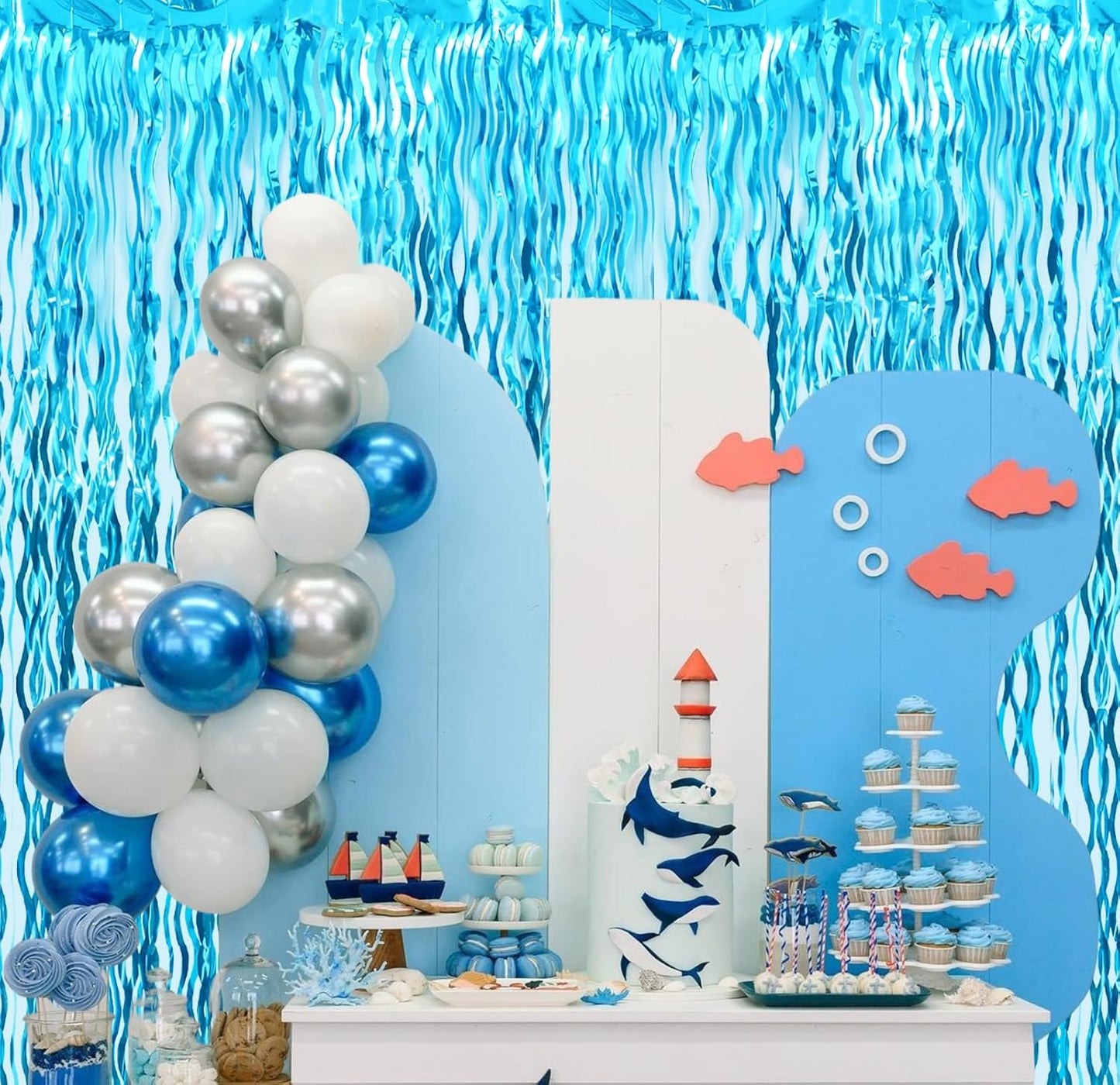 Goer Metallic Tinsel Foil Fringe Curtains for Party Photo Backdrop Wedding Decor (4 Pcs,Wavy Light Blue), One Size