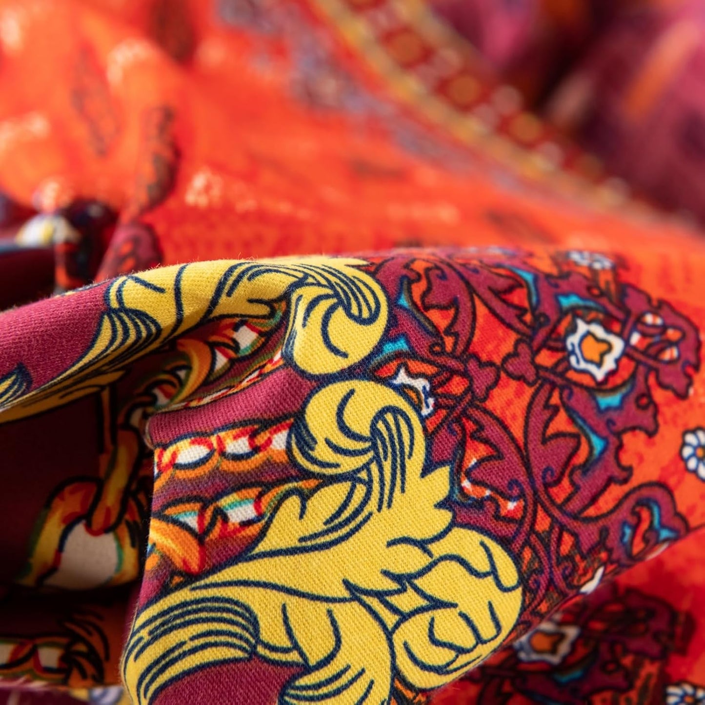 ABREEZE Bohemian Duvet Cover Set Colorful Orange Boho Retro Bedding Set Damask Paisley Cotton Duvet Cover Tribal Reversible Bedding Exotic Style Comforter Cover 3-Piece Cal.King