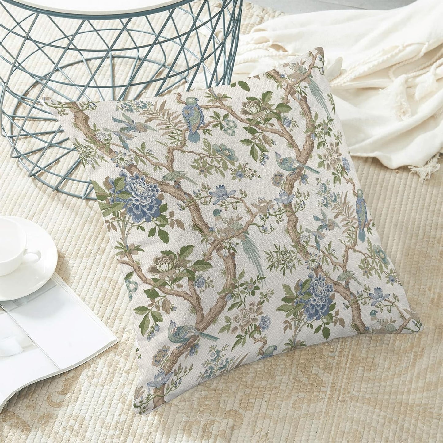 CXMEIFLY Chinoiserie Spring Pillow Covers 22 x 22 Inch Set of 2 for Blue Sage Green Vintage Flowers Bird Decor Throw Pillows Plant Farmhouse Outdoor Decorative Cushion Cases for Couch Bed Decorations