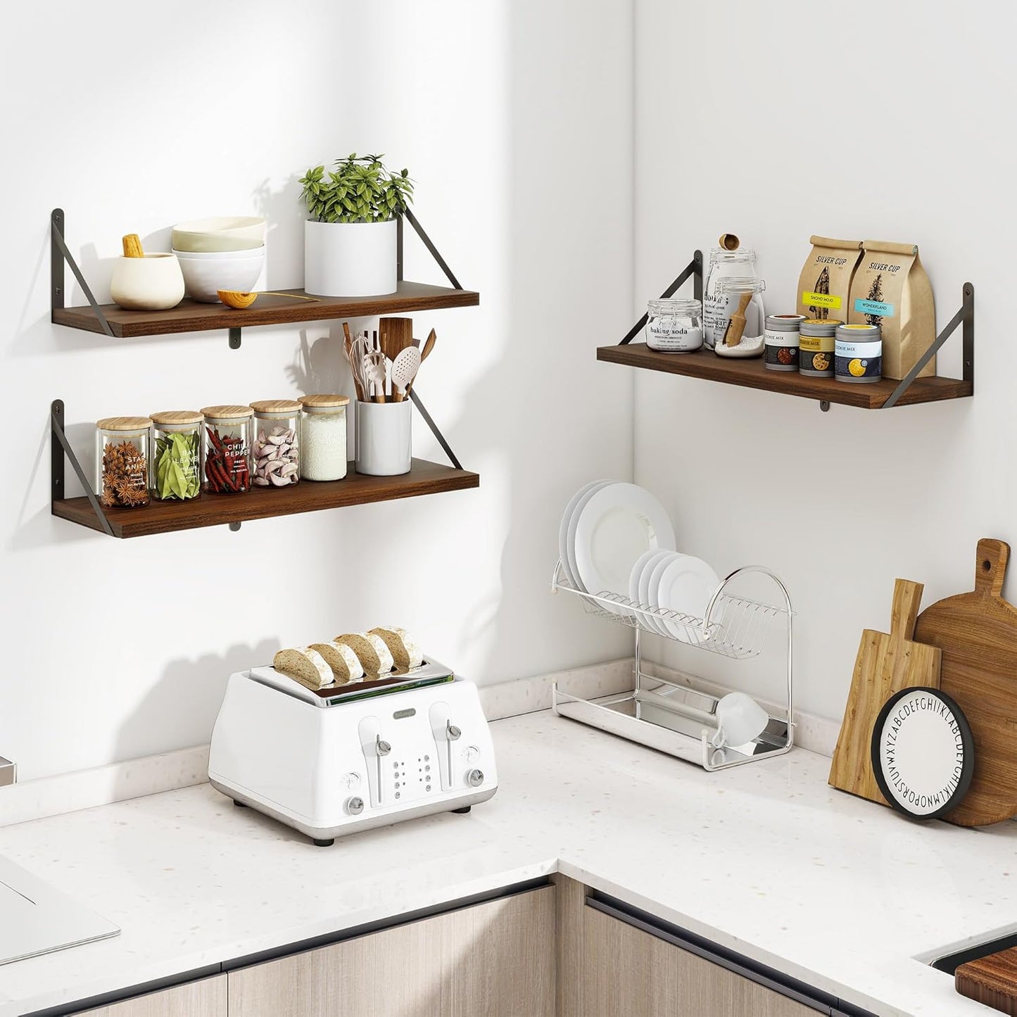 Heimlove Floating Shelves for Wall 24 Inches,8 Inches Deep Wall Bookshelf Mounted Display&Storage Wood Shelves for Kitchen Bathroom Laundry Living Room,Set of 3 (Walnut Color)