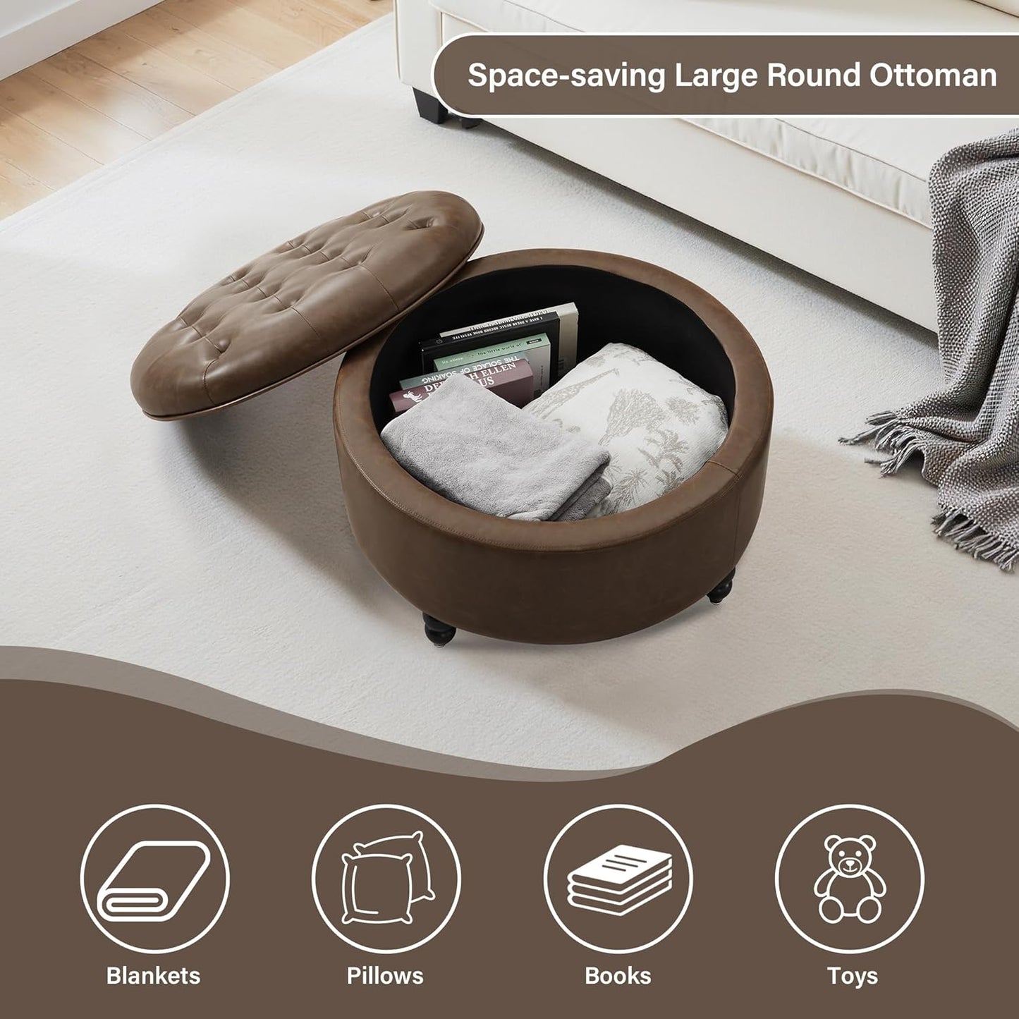 30-Inch Large Round Ottoman, Faux Leather Coffee Table with Removable Lid Top, Upholstered Footrest Modern Button Circle Storage Ottoman for Living Room, Office, PU Coffee