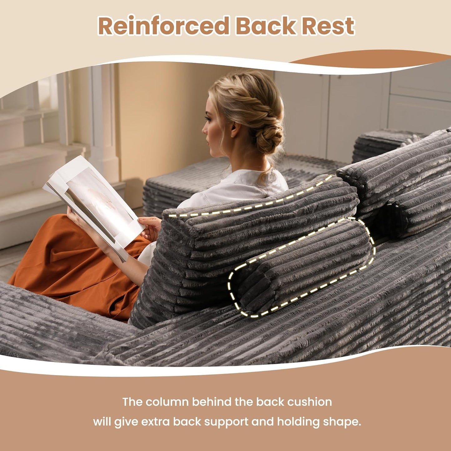 HOOOWOOO Cloud Sectional Couches for Living Room,Modular Sectional Sofa No Assembly,136X70 Inch Plush Corduroy Large U Shaped Floor Couch Set with Deep Seat(Gray)