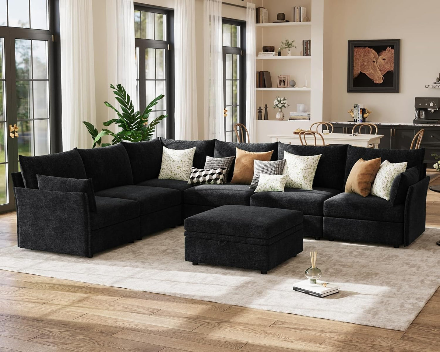 136.4" Oversized Modular Sectional Sofa, L Shaped Convertible Couch with Movable Ottoman, Large 7 Seat Corner Couches for Living Room Deep Seat Black Chenille