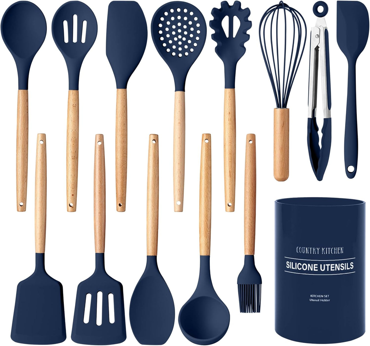 Country Kitchen Non Stick Silicone Utensil Set with Rounded Wood Handles for Cooking and Baking, 14 Piece Set, Navy