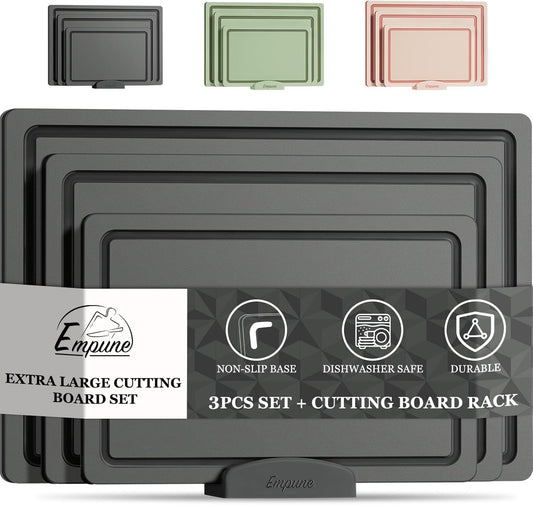 Empune Plastic Cutting Board Set, Recycled Plastic Cutting Boards for Kitchen (Set of 3), Dishwasher Safe Large Chopping Board with Holder, Non-slip Feet and Juice Grooves, Nonporous, Grey