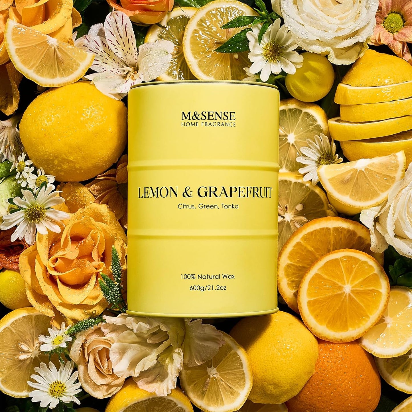 M&SENSE Lemon Candle Large for Home Scented, Lemon Soy Candles 21.2oz 120 Hour Slow Burning, Highly Scented Limoncello Grapefruit Citrus Candles for Bathroom, Fresh Smelling Candle
