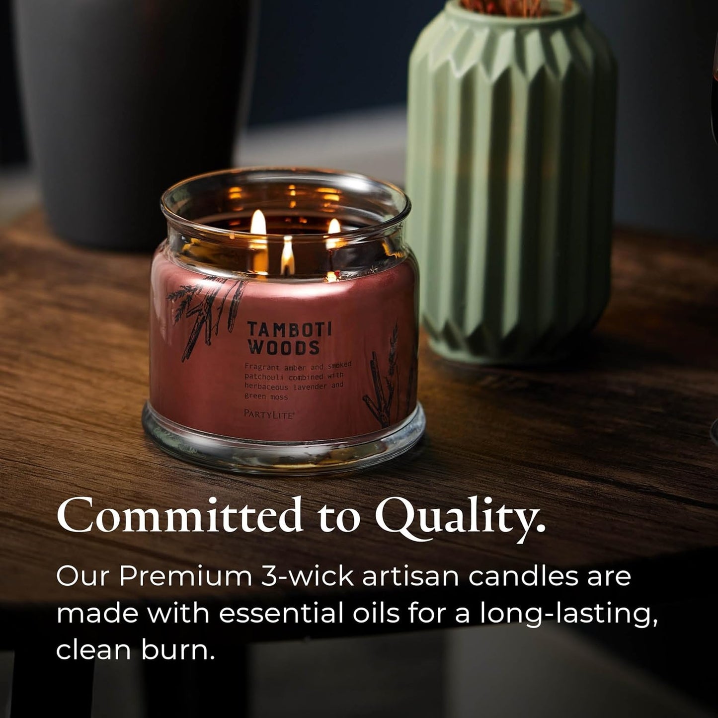 PartyLite Tamboti Woods Scented, Notes of Exotic Amber, Patchouli, Lavender & Green Moss, 13.2oz 3-Wick Jar Candle, 45 Hour Burn Time, Luxurious Fragrance, Perfect for Gifting