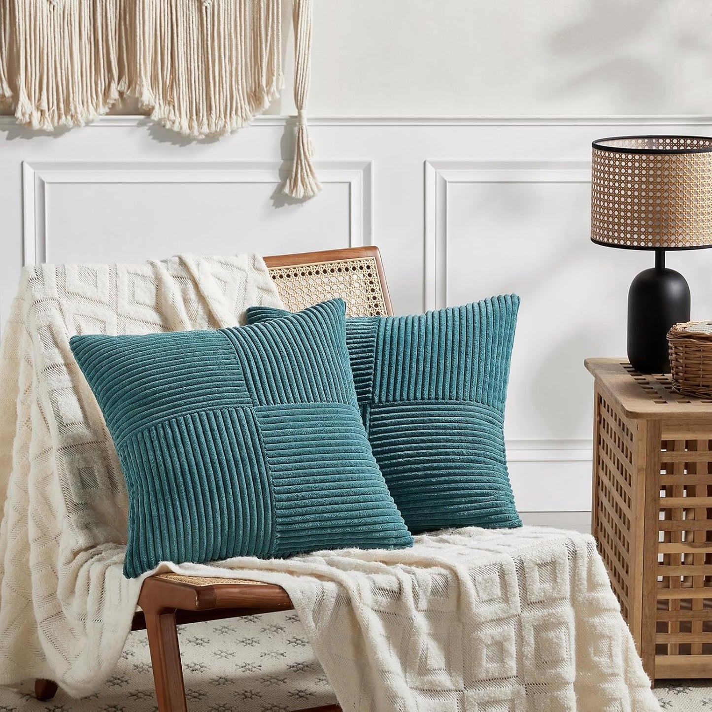 Fancy Homi 2 Packs Teal Euro Decorative Throw Pillow Covers 28x28 Inch for Couch Bed Sofa, Rustic Farmhouse Boho Home Decor, Soft Corss Corduroy Patchwork Textured Square Cushion Case 71x71 cm