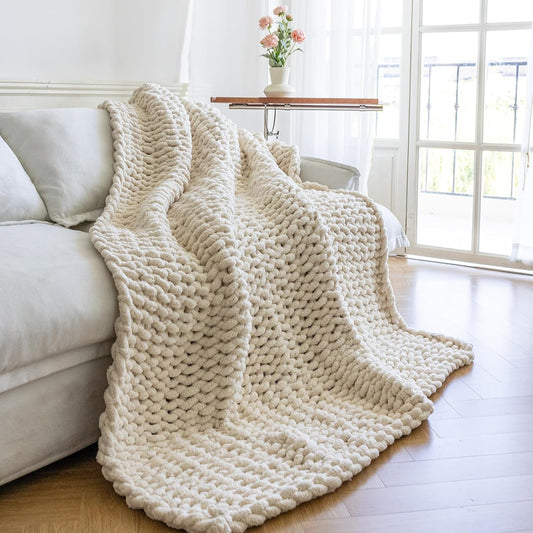 Chunky Knit Blanket - Luxury Soft Cozy 61 * 79 Bold Throw Blanket,100% Woven Blanket Rope Knot Throw Blanket for Couch, Sofa, Home Decor, Gift - Machine Washable（Cream）