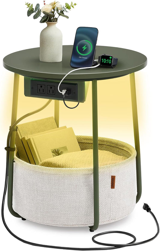 VASAGLE Side Table with Charging Station, Round End Table with Fabric Basket, LED Nightstand with Power Outlets, USB Ports, for Living Room, Bedroom, Modern, Forest Green and Cream White ULET227C01