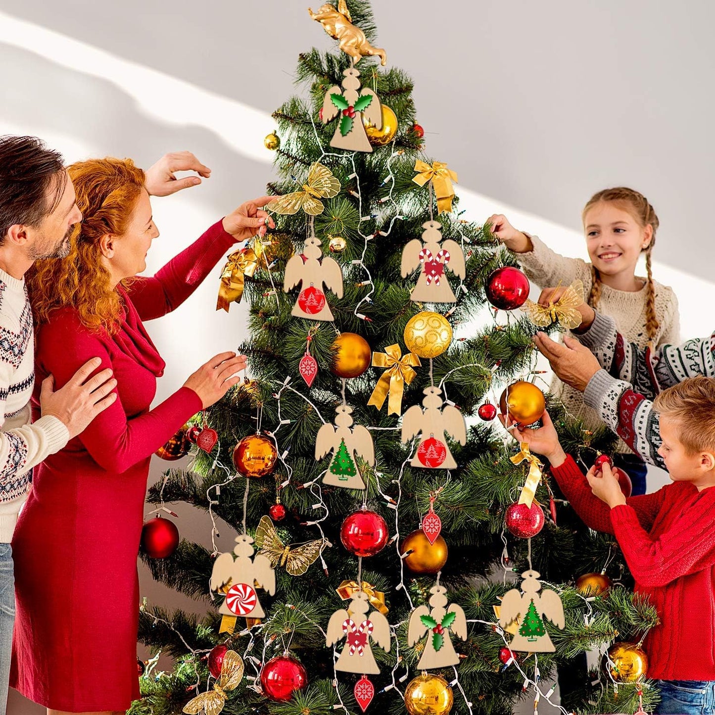 Blulu 60 Pieces Christmas Wooden Ornaments Round Wood Slices Snowflake Angel Shape with Cords for DIY Crafts New Year Christmas Tree Pendant Ornaments