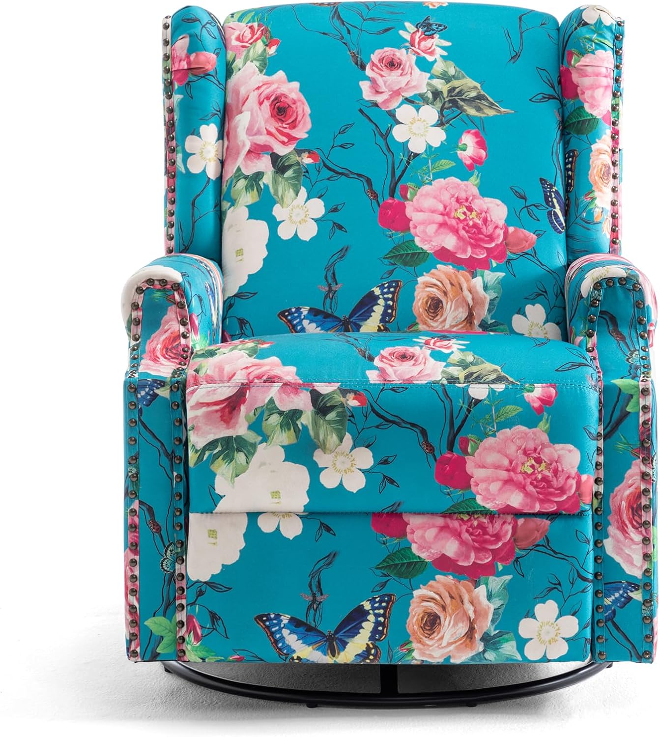 UIXE Swivel Rocker Manual Recliner Chairs Set of 2, Wingback Swivel Glider Fabric Nursery Reclining Sofa Chair, High Back Upholstered Arm Chair for Living Room Bedroom - Peacock Blue