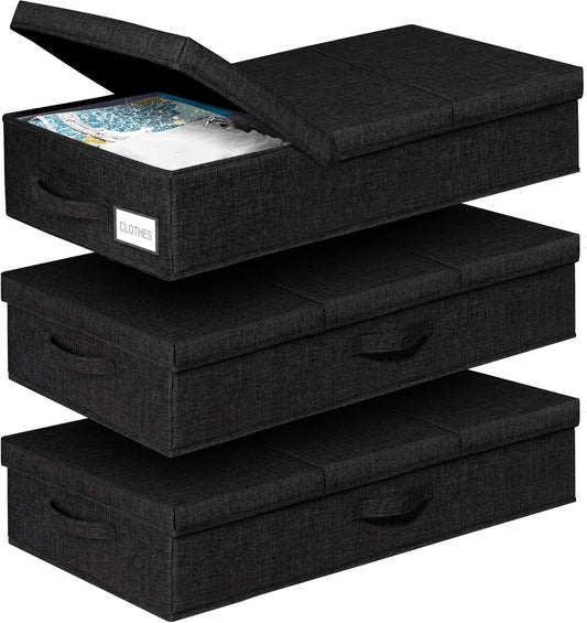 punemi Under The Bed Storage Containers 3 Pack, 6 Inch Tall Stackable Underbed Storage Bins With Handles, Closet Organizers and Storage Bins, Large Under Clothes Drawer Organizers Box For Crib, Black