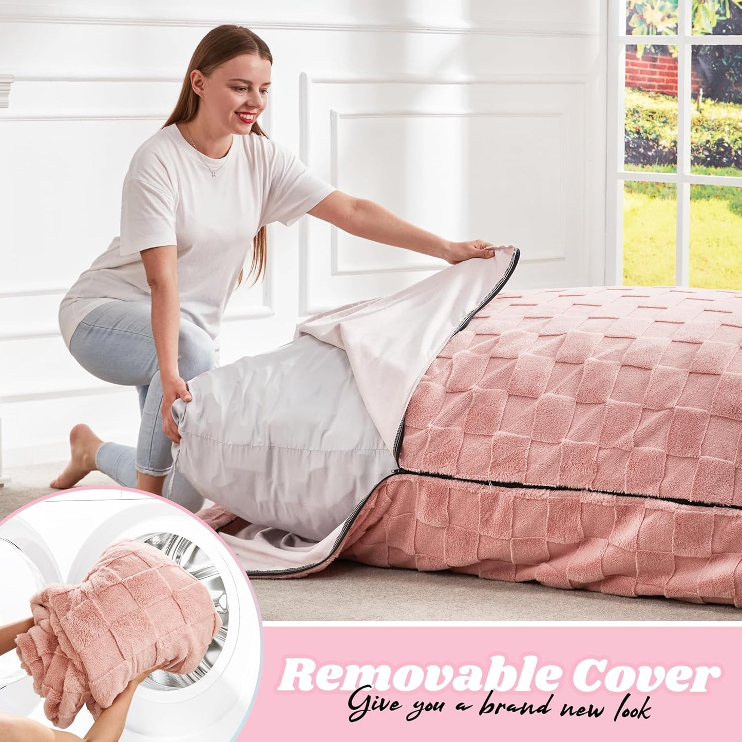 Hobestluk 3 in 1 Bean Bag Chair Giant Bean Bag Chairs for Adults with Plaid Cover Convertible Bean Bag Floor Cushion with Machine Washable Cover for Living Room (Plaid Pink)