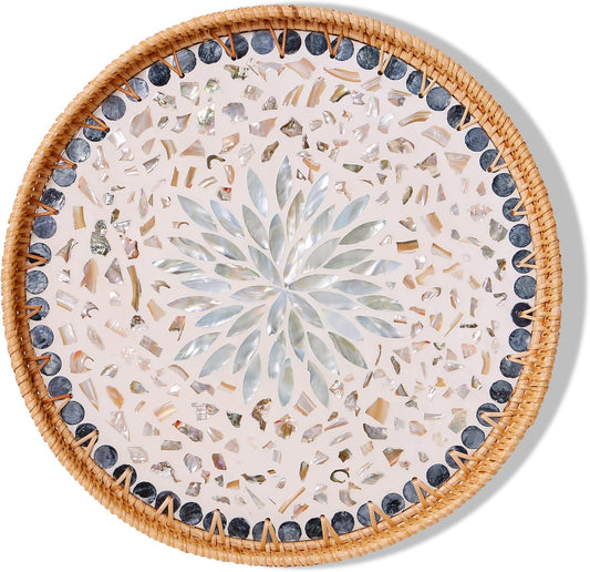 Round Rattan Tray with Mother of Pearl Inlay & Wooden Base - Decorative Wicker Serving Tray for Coffee/Bread/Fruits, Food Storage & Display - Multipurpose Home Decor (M,Fish Scales)