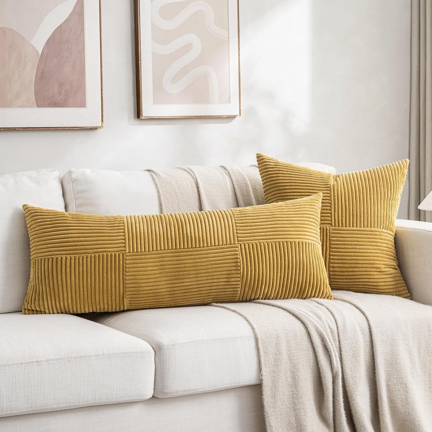 Fancy Homi Set of 2 Mustard Yellow Boho Long Lumbar Body Decorative Throw Pillow Cover 14x36 Inch for Bed Couch Bedroom Bench, Soft Patchwork Corduroy Pillow Case, Rustic Farmhouse Room Décor