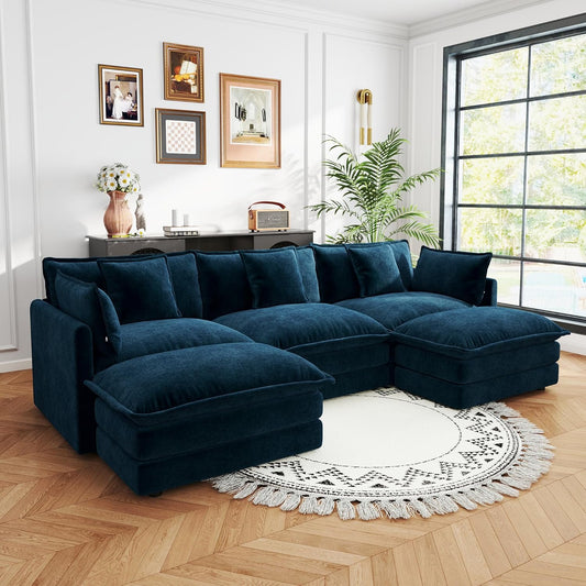 Sectional Sofa 3 Seater with Movable 2 Ottomans,Oversized Modular Couch Deep Seat (Blue, 111.5 inch-U)