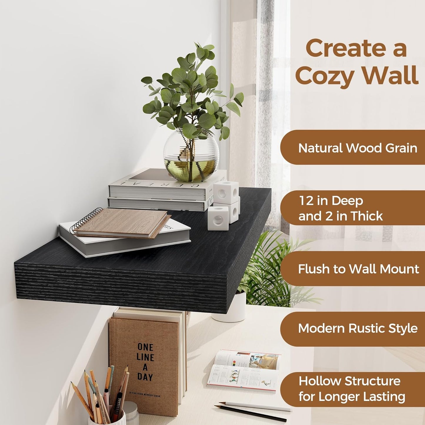 12 Inch Deep Black Floating Shelves, 24 x 12 Floating Shelf for Books, Rustic Wood Deep Wall Shelves for Home Storage & Display, 2" Thicked Shelves for Kitchen, Living Room, Bedroom, 1 Pack