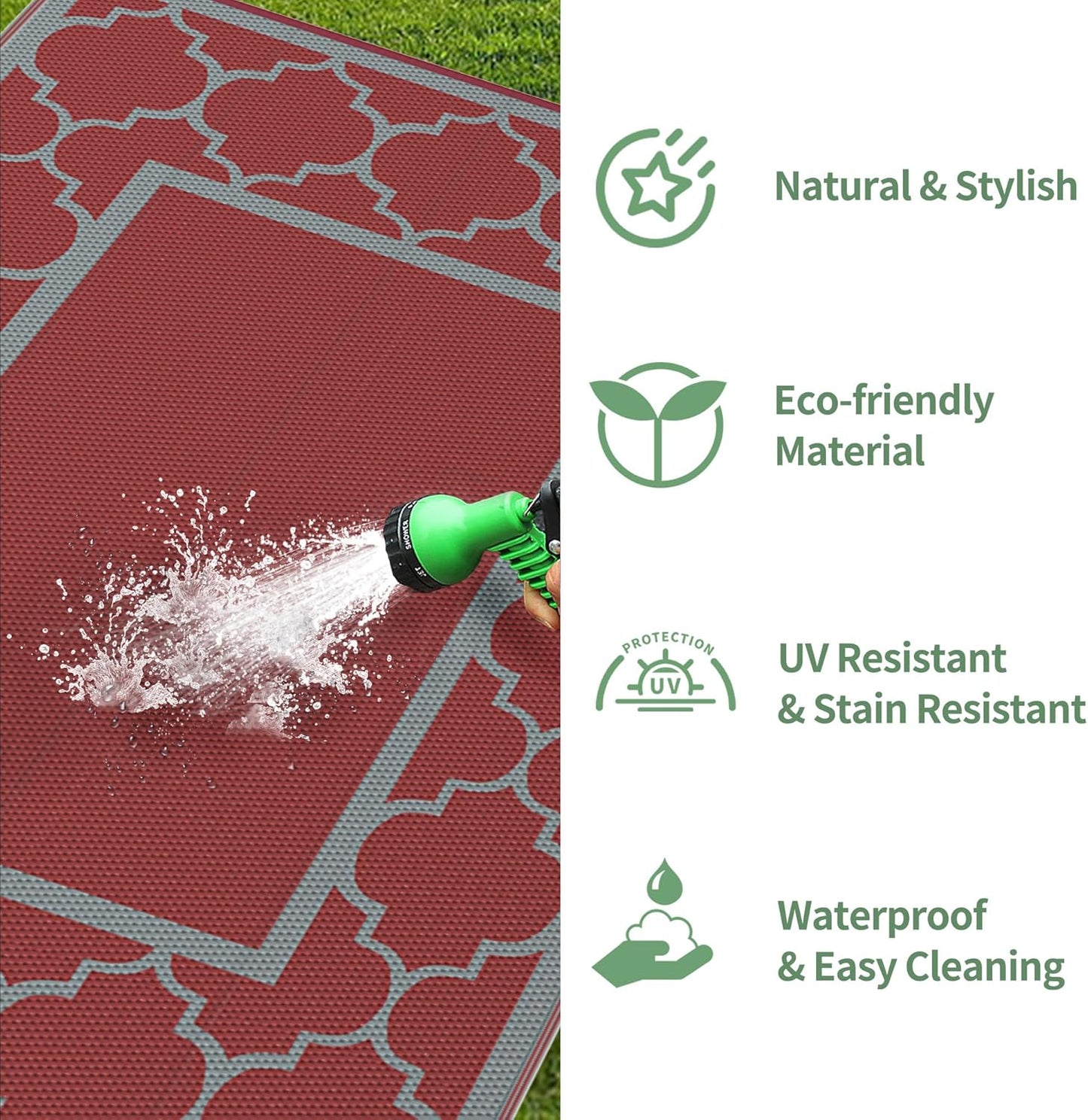 GENIMO 5' x 8' Outdoor Rug Waterproof for Patio Decor, Foldable Reversible Plastic Straw Area Rugs Mat for Camper, Outside Carpet for Rv, Deck, Porch, Picnic, Beach, Balcony, Red & Grey