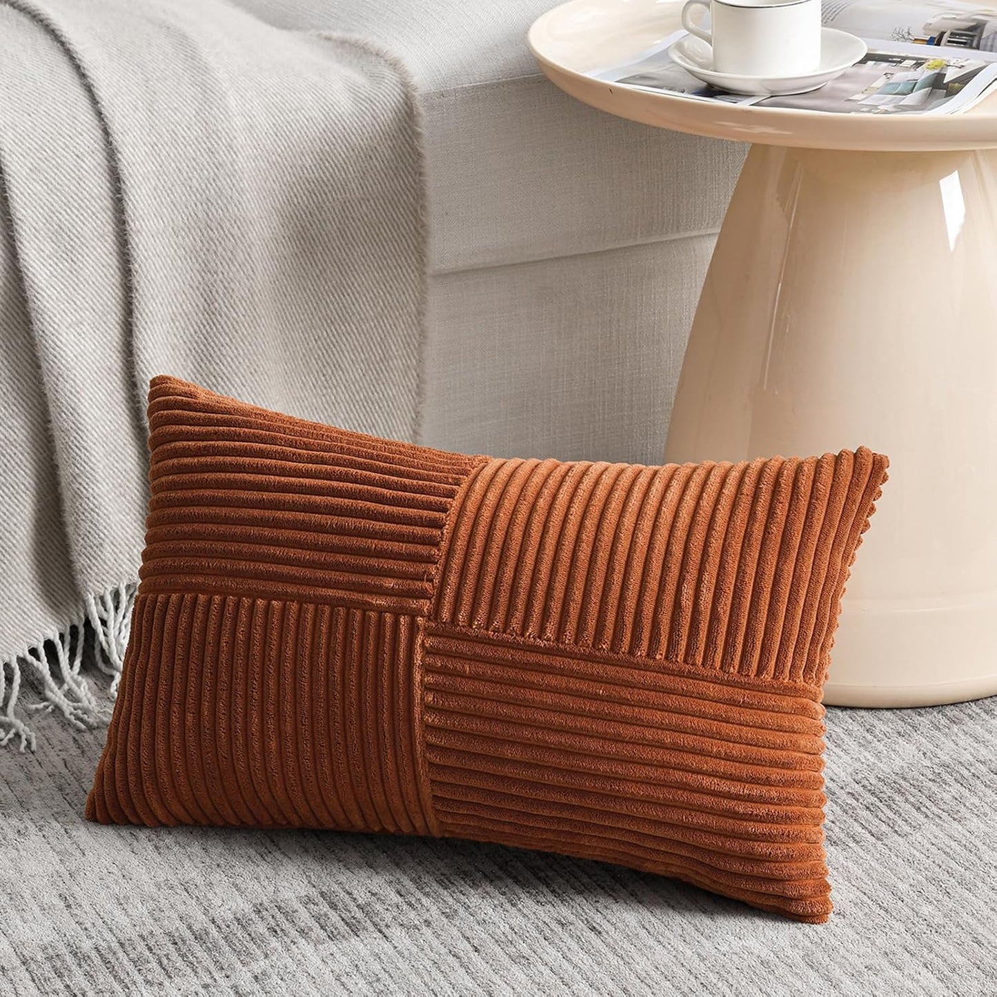 Fancy Homi 2 Packs Rust Lumbar Decorative Throw Pillow Covers 12x20 Inch for Couch Bed Sofa, Rustic Farmhouse Boho Home Decor, Soft Striped Corduroy Rectangle Accent Terracotta Cushion Case 30x50 cm