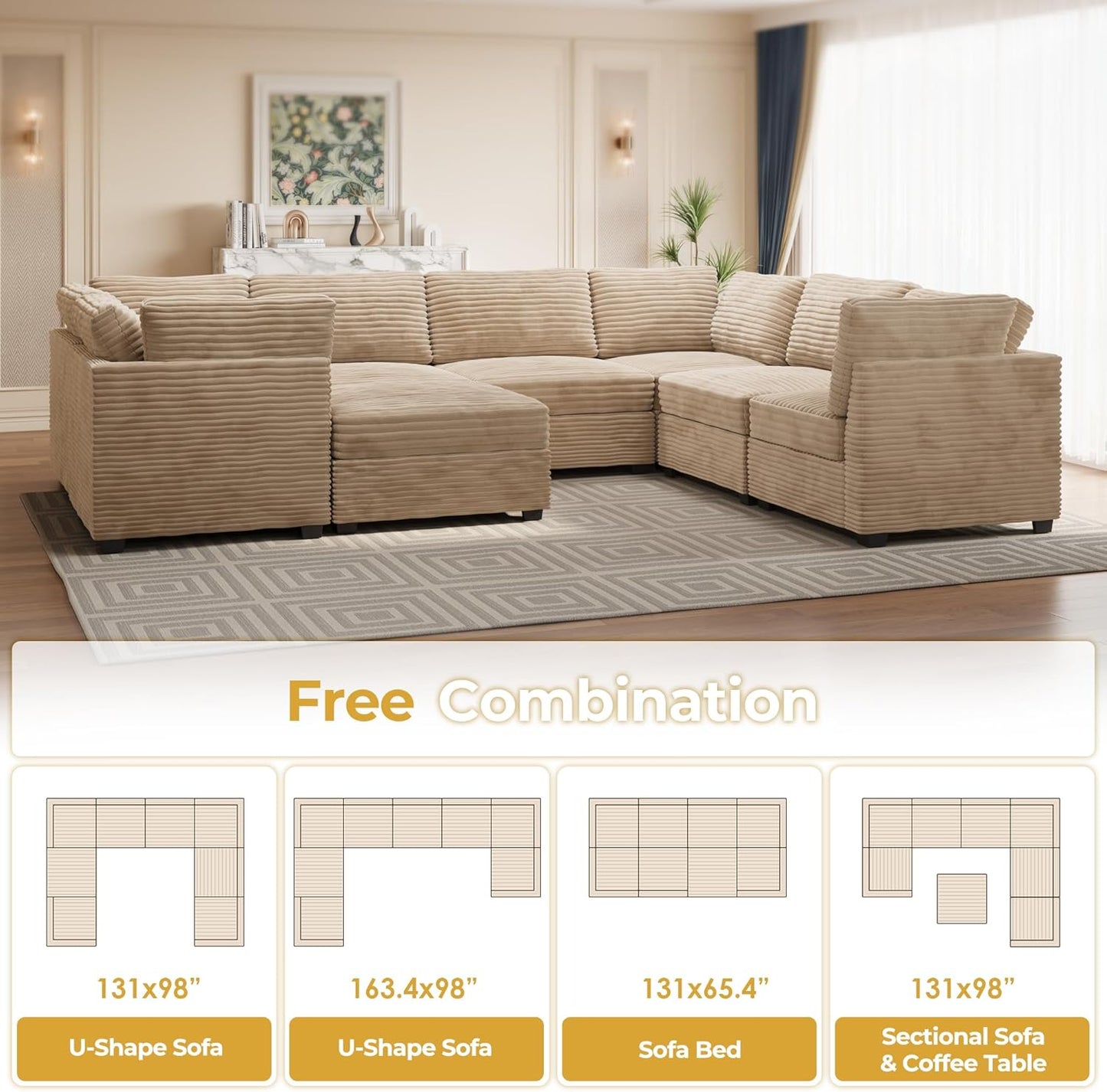 HOOOWOOO Modular Sectional Sofa,8 Pieces Sectional Couches for Living Room,131X98 G Shaped Cloud Couch with Ottoman Chaise Set(Beige Velvet Corduroy)