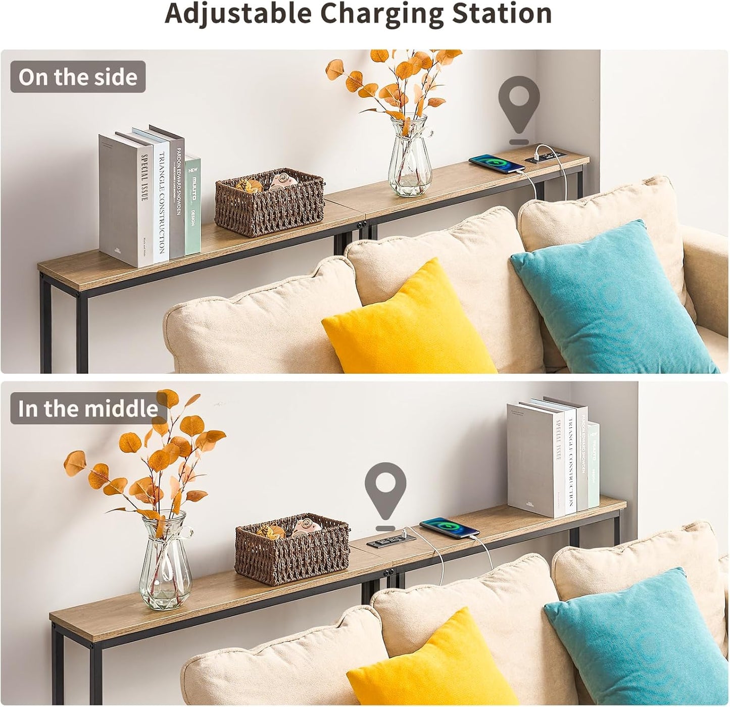 ELYKEN 2 Pack 5.9" Narrow Console Sofa Table with Power Outlets, 5.9" Dx39.4 Wx31.1 H Long Couch Table with Metal Frame and Charge Station with 6.5’ Extension Cord, White Oak