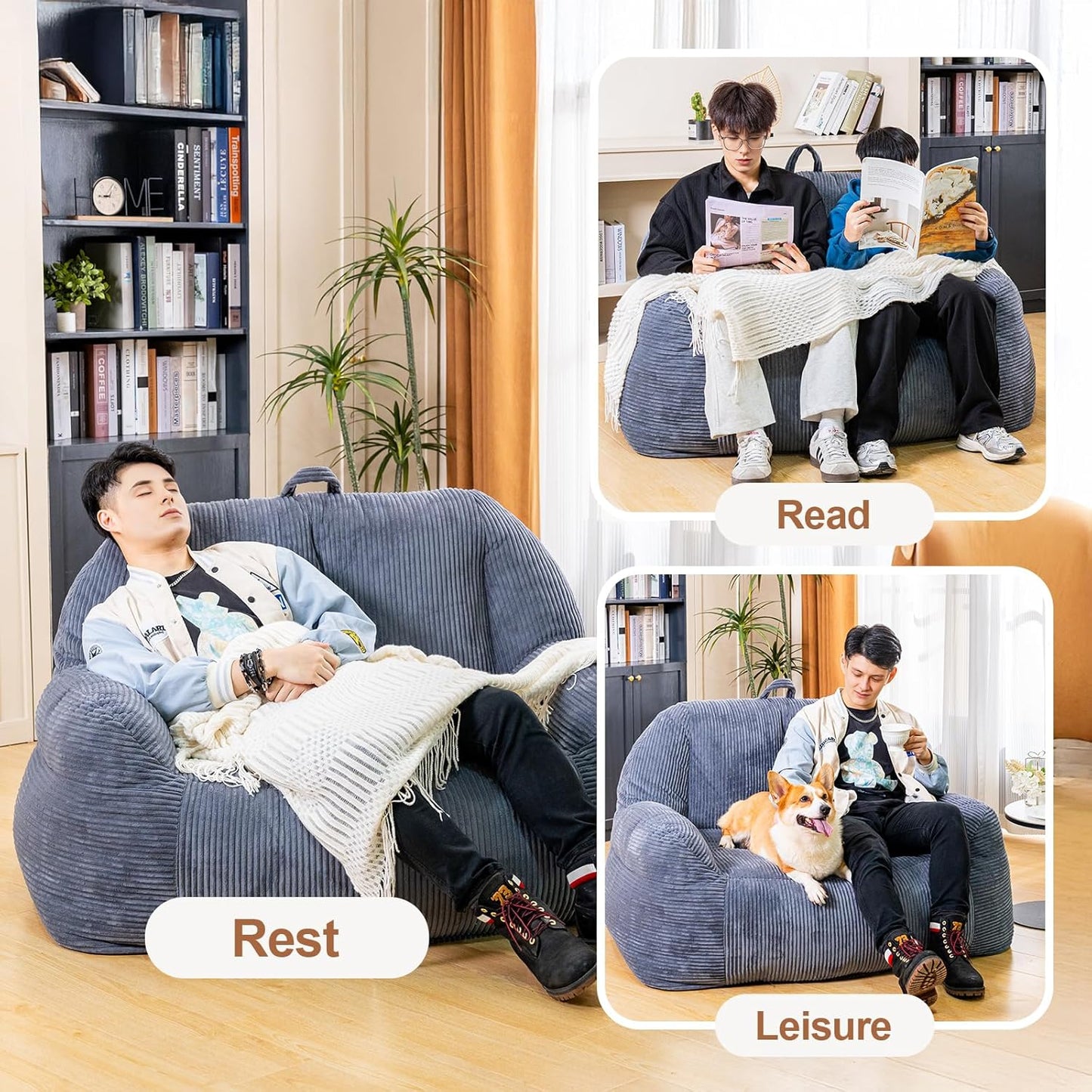 Giant Bean Bag Chair, Faux Fur Bean Bag Chair for Adults, Fluffy and Comfy Bean Bags with Filler, Big Bean Bag Sofa Chair for Reading, Gaming, Stuffed High-Density Foam, Grey