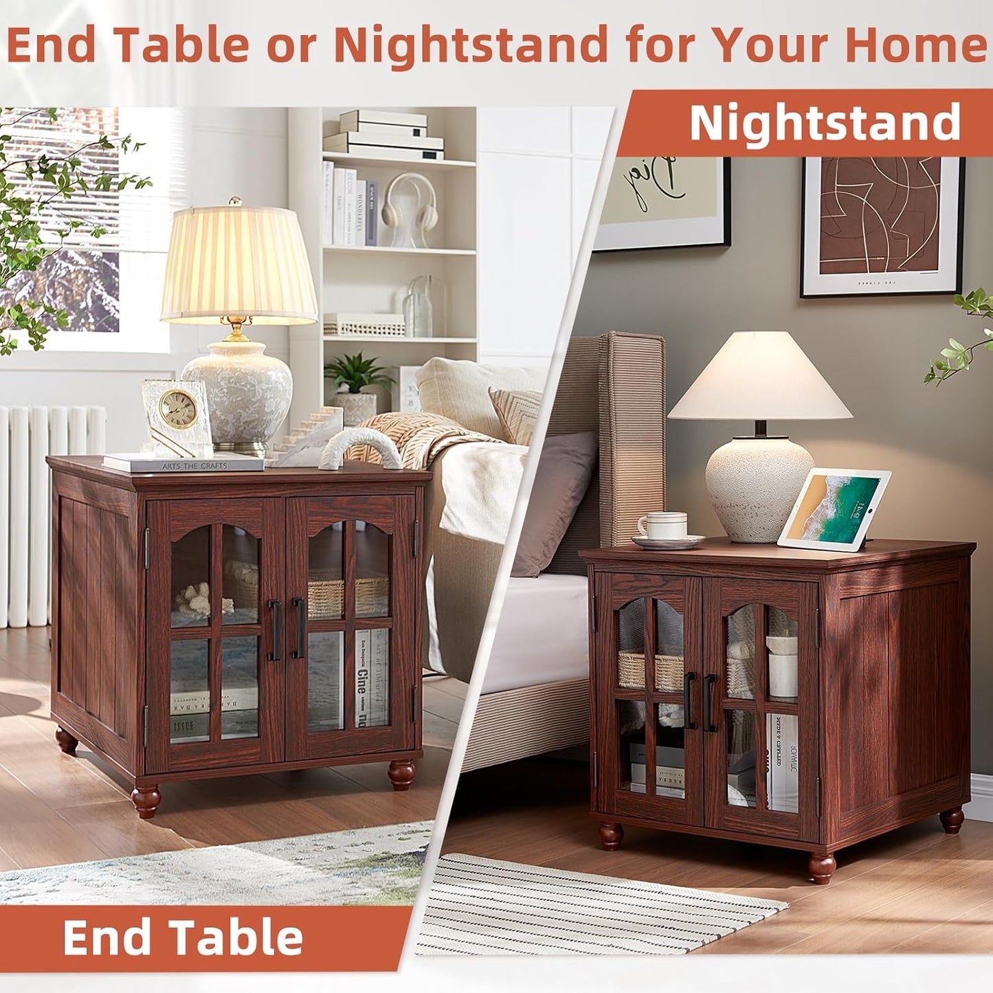 Farmhouse 24" End Table Set of 2 with Charging Station, Large Sofa Side Table with Glass Barn Door,Wood Night Stand with Adjustable Storage Shelf,Square Bedside Table for Living Room,Bedroom
