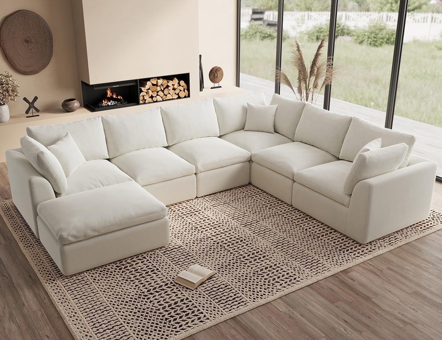 Oversized Cloud Couches for Living Room, Convertible Sectional Couch with Ottoman, 7 Seater Large Modular Sectional Sofa, Warm White