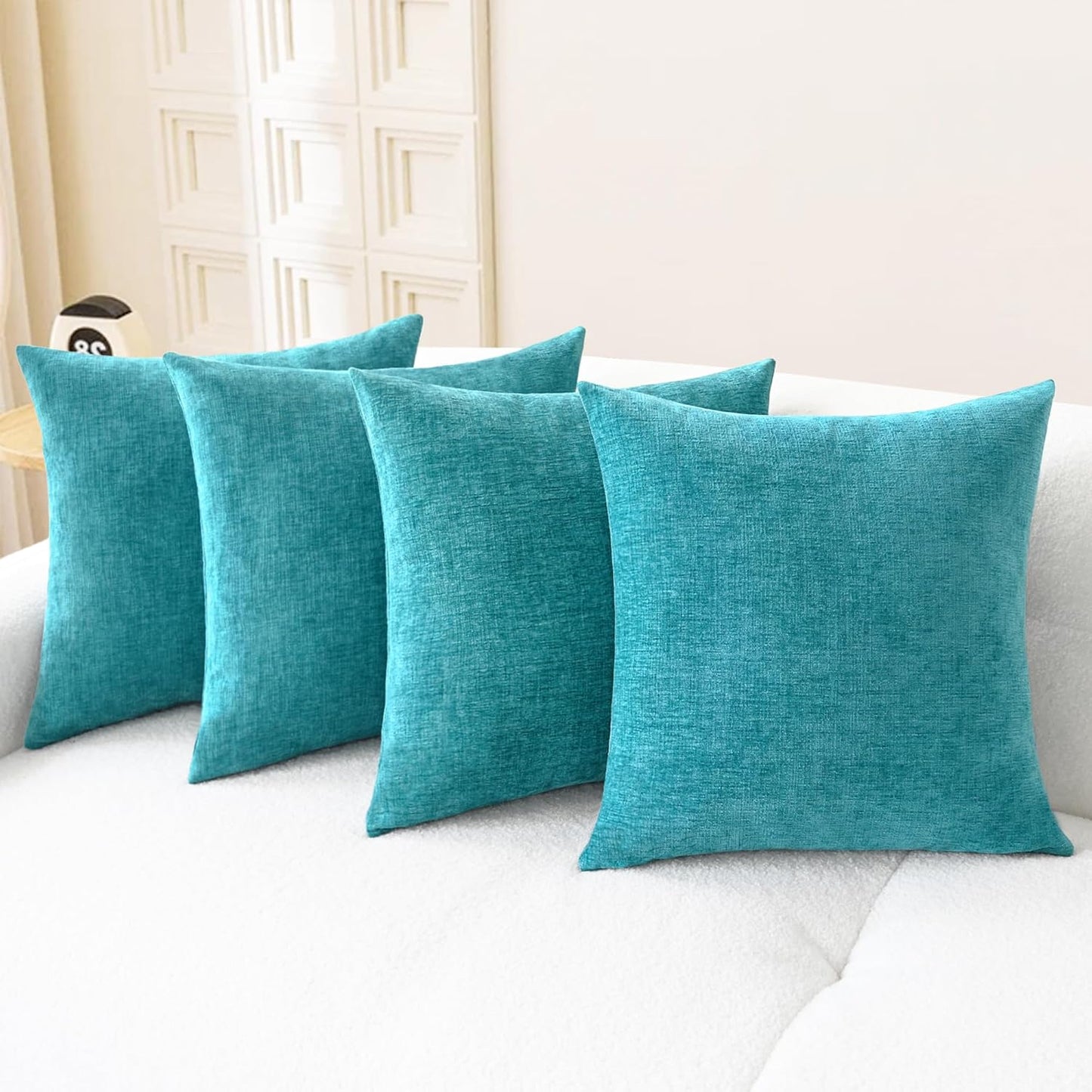 CaliTime Throw Pillow Covers Decorative 18 X 18 Inches Pack of 4 Cozy Chenille Cushion Cases for Couch Sofa Bed Living Room Home Lake Blue