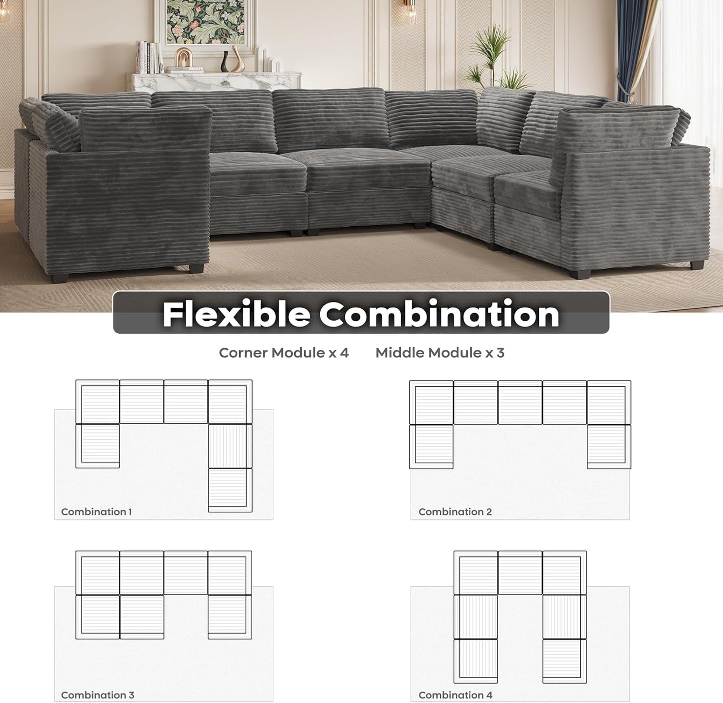 ovios Sectional Sofa Couch with U-Shape Chaise Oversized, Comfy Modular Cloud Couches with Deep Seat, Modern Upholstered Plush Corduroy Sofas Set for Living Room, 7-Seater, Grey