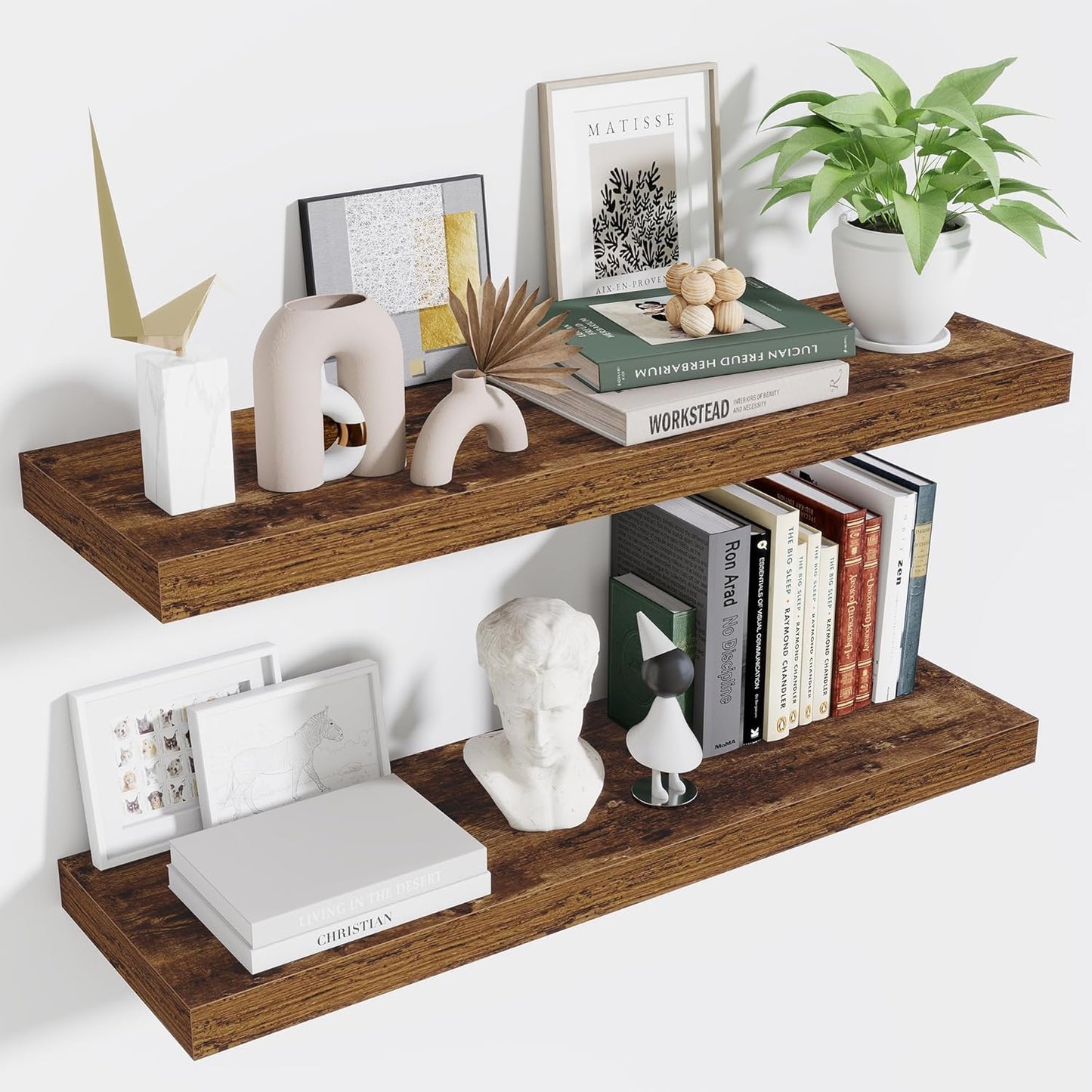 Fun Memories Floating Shelves for Wall 36 Inches, Wood Shelves with Invisible Bracket, 10" Deep Shelves Wall Mounted, Large Floating Shelves for Living Room Bathroom, Rustic Brown, Set of 2