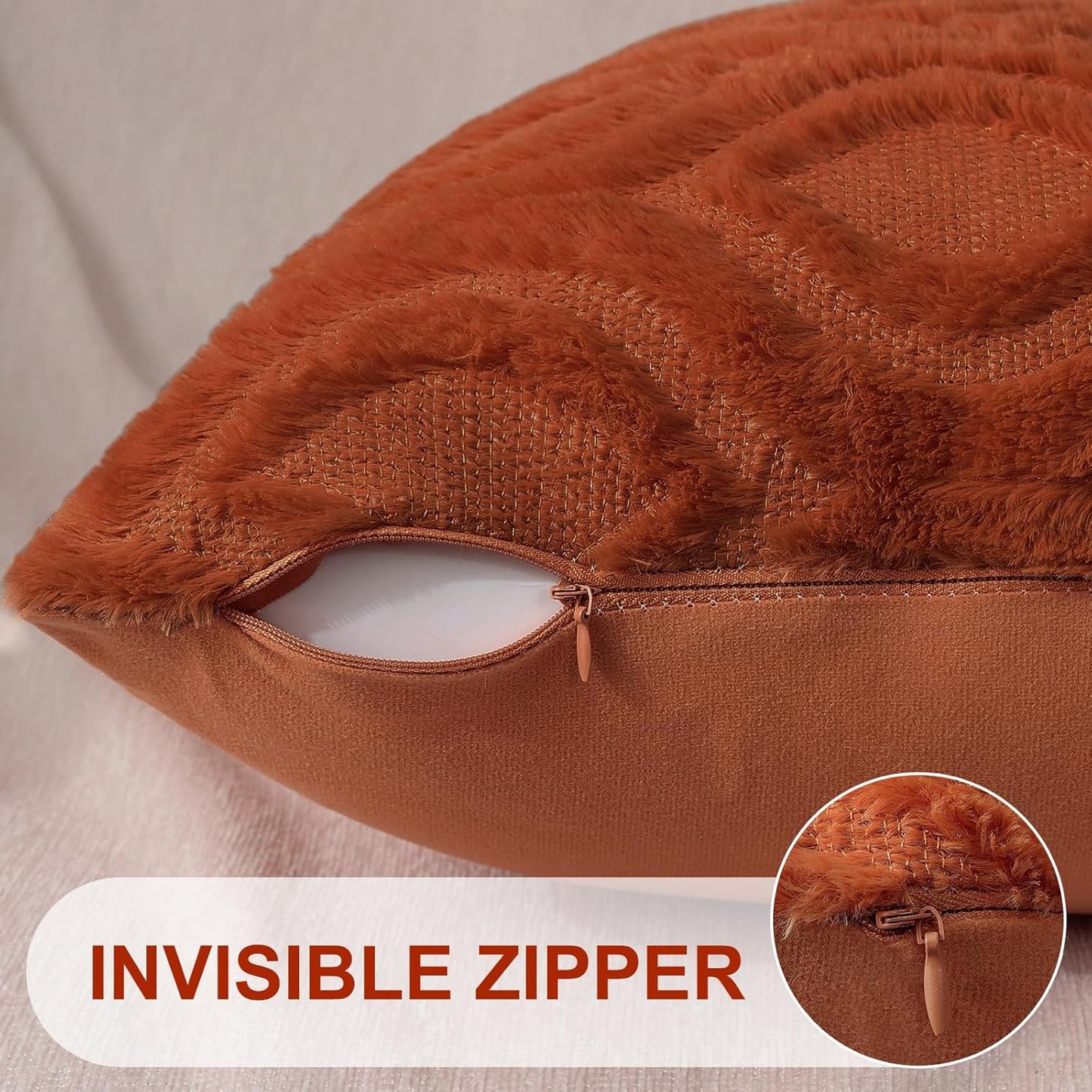 decorUhome Fall Throw Pillow Covers 22x22 Inch Set of 2, Soft Plush Decorative Faux Fur Rust Solid Couch Pillow Covers, Accent Farmhouse Neutral Square Euro Pillow Cases for Sofa Bed Living Room