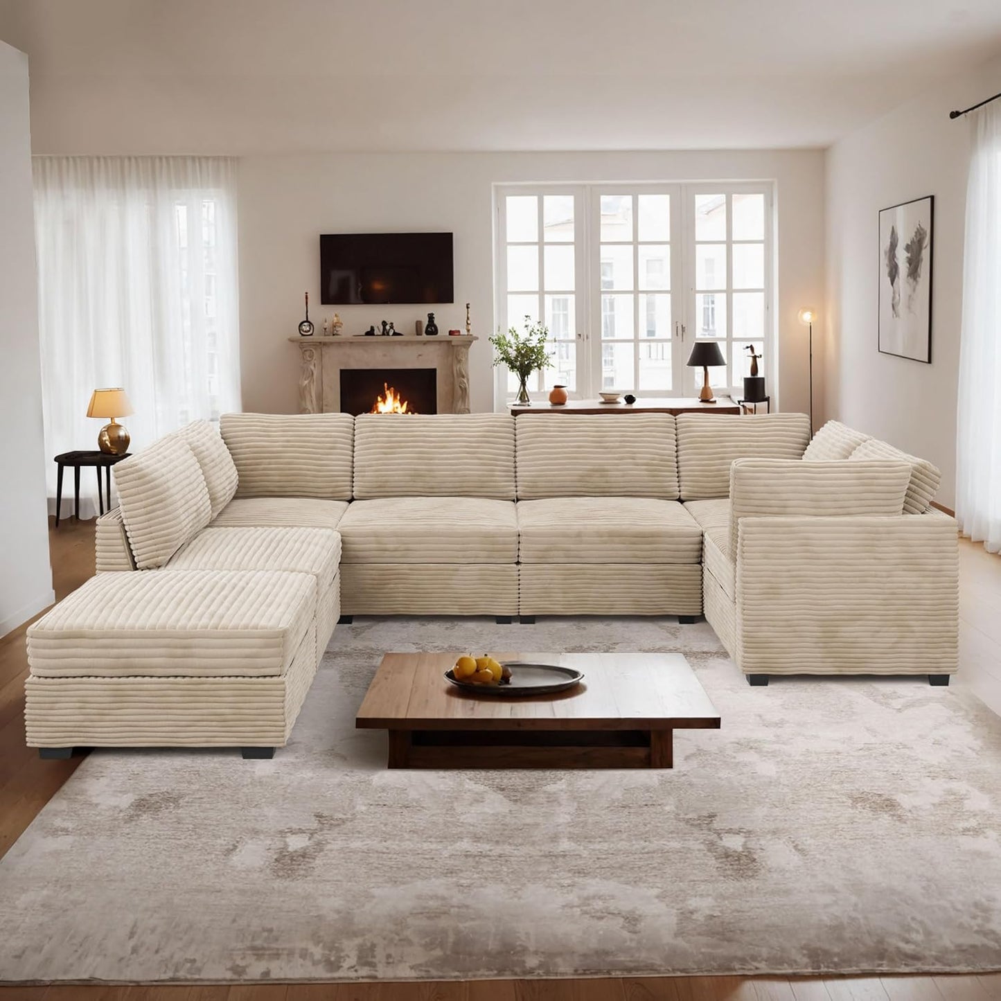 ovios Sectional Sofa Couch with U-Shape Chaise Sofa Bed, Comfy Modular Cloud Couches with Deep Seat, Modern Upholstered Plush Corduroy Sofas Set for Living Room, 7-Seater, Beige