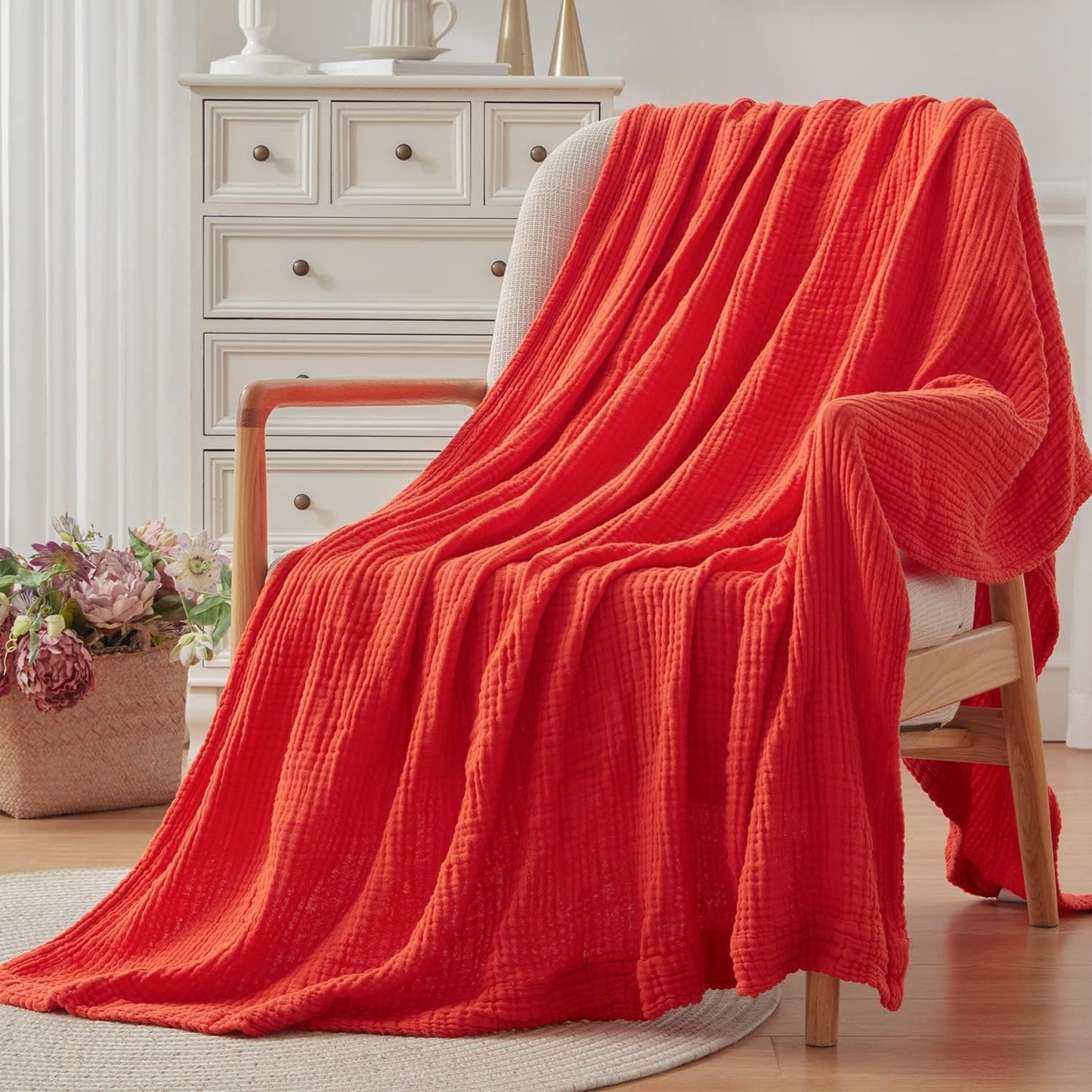 EMME Cotton Throw Blanket - 100% Muslin Soft, Breathable Gauze - All Season, Lightweight - Pre-Washed - Orange Rust, 50"x70"