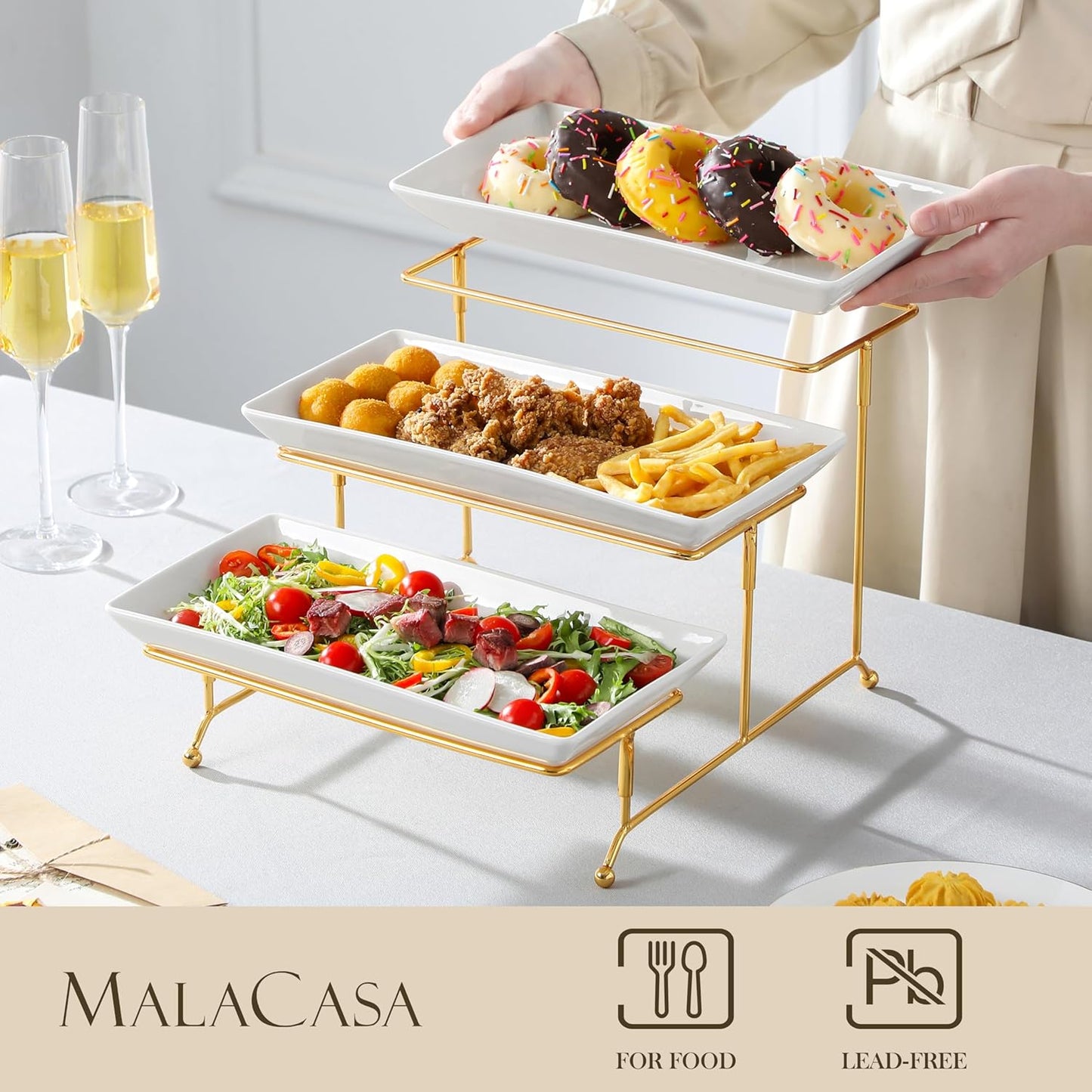 MALACASA 3 Tier Serving Trays for Party, 12 Inch Porcelain White Trays for Serving Food, Dessert Stand with Collapsible Gold Metal Rack