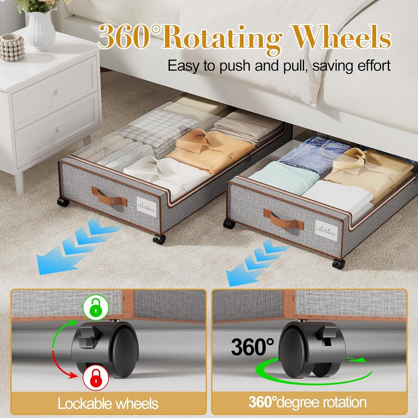 Yecaye Under Bed Storage with Wheels, 2 Pack Under Bed Storage Containers with Clear Lids & Label, XXL Large Lapacity Rolling Under Bed Drawers for Clothes, Shoes, Blankets