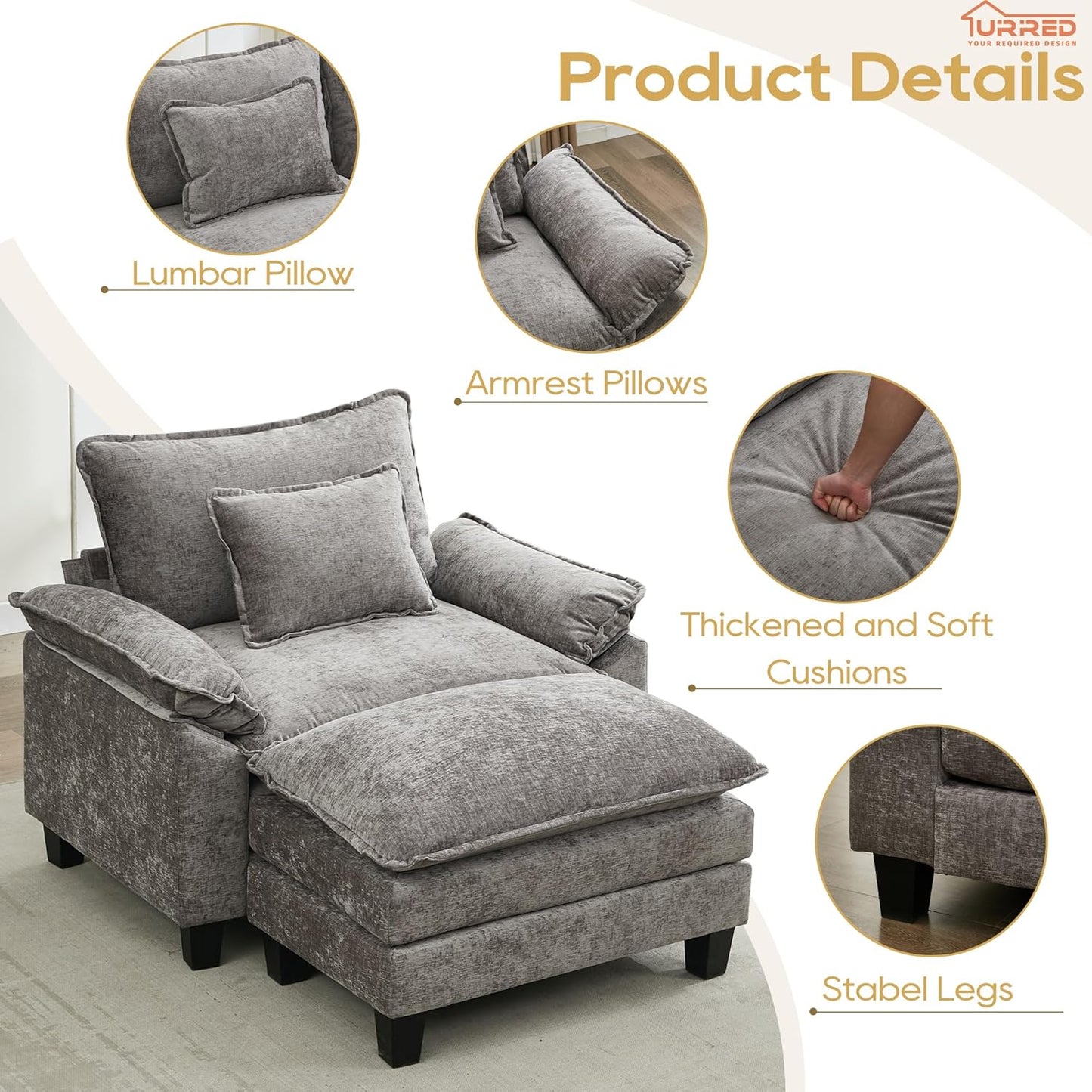 URRED Modular Sectional Sofa Comfy Cloud Couch, Modern Chenille Sofa Sleeper Deep Seat Couches with Ottoman/Pillows for Living Room (Gray, 53''- Ottoman)