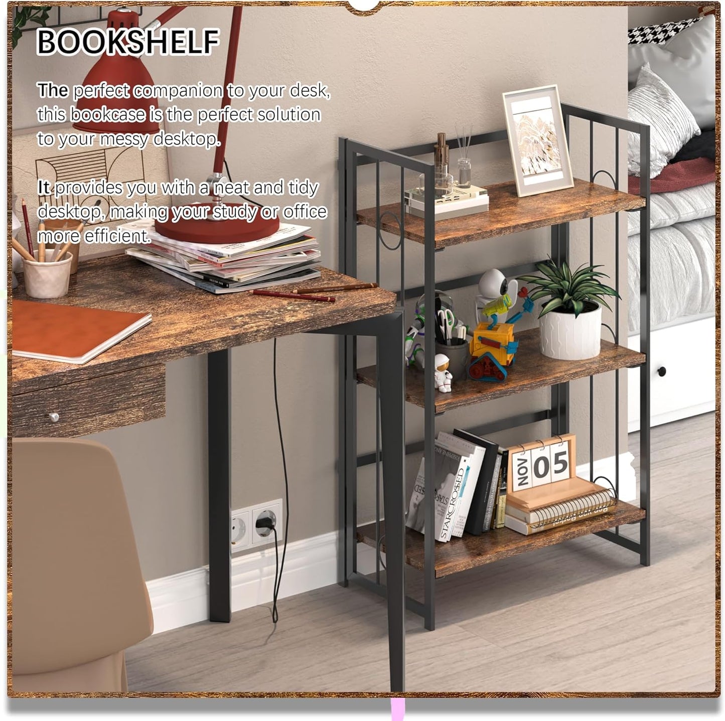 4NM No Assembly 3 Tiers Folding Bookshelf, 35" H Foldable Storage Shelves Vintage Bookcase Standing Racks Study Organizer Home Office - Rustic Brown Black