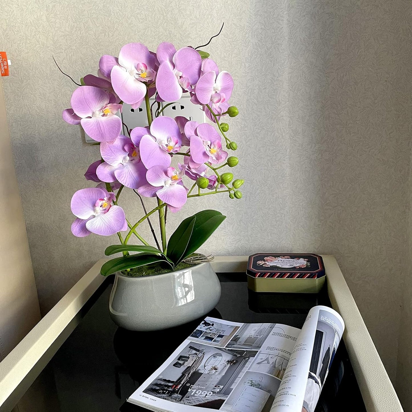 SJC Orchids Artificial Flowers with Gray Vase Purple Faux Orchid Phalaenopsis Arrangements for Kitchen Table Centerpiece Home Decoration Indoor(3.54" D x 7.87" W x 20" H)