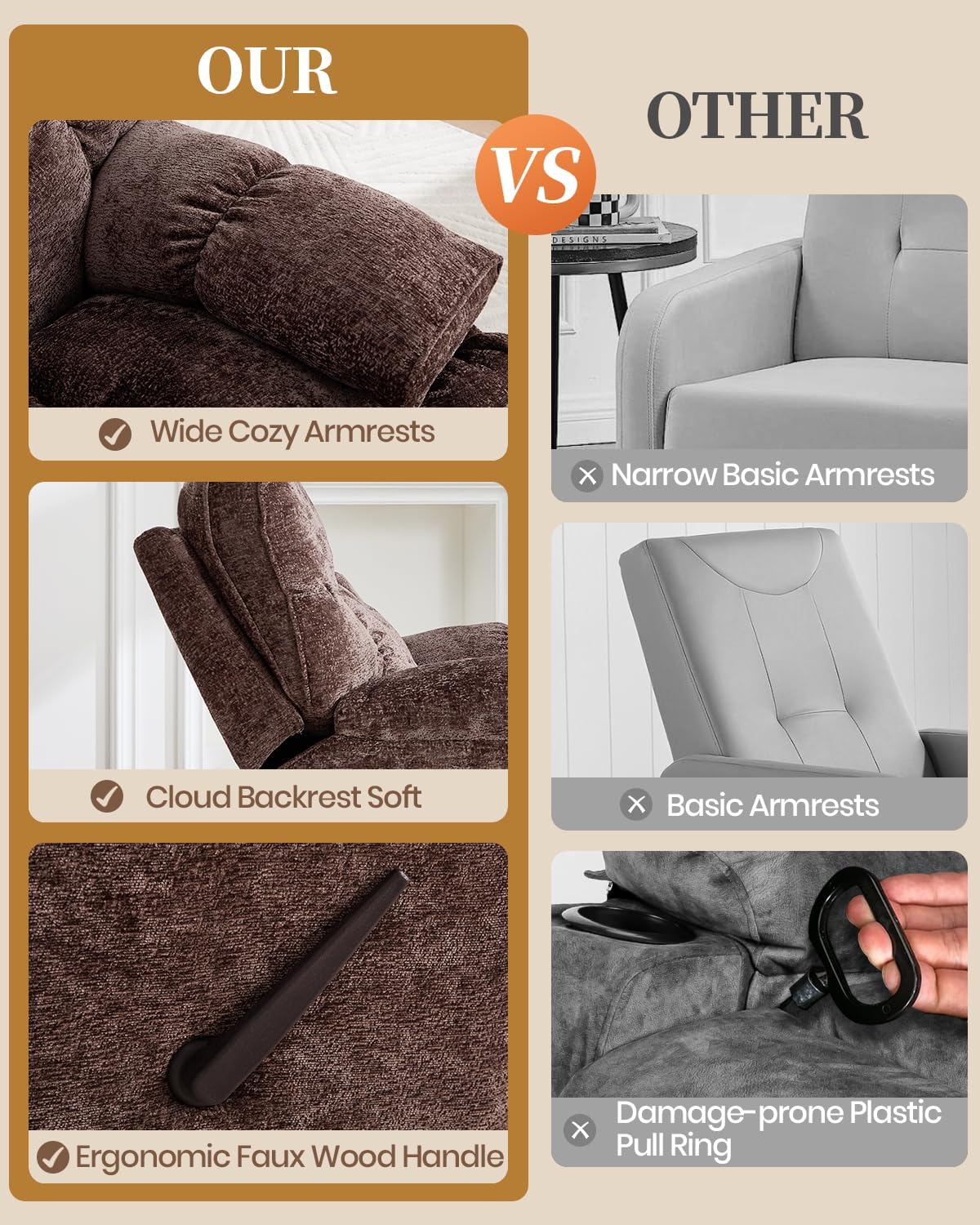 Oversized Recliner Chair Manual Swivel Rocker Recliner for Living Room Chenille Overstuffed Nursery Reclining Sofa Chair Rocking Recliners for Adults 400lbs (Manual, Brown)