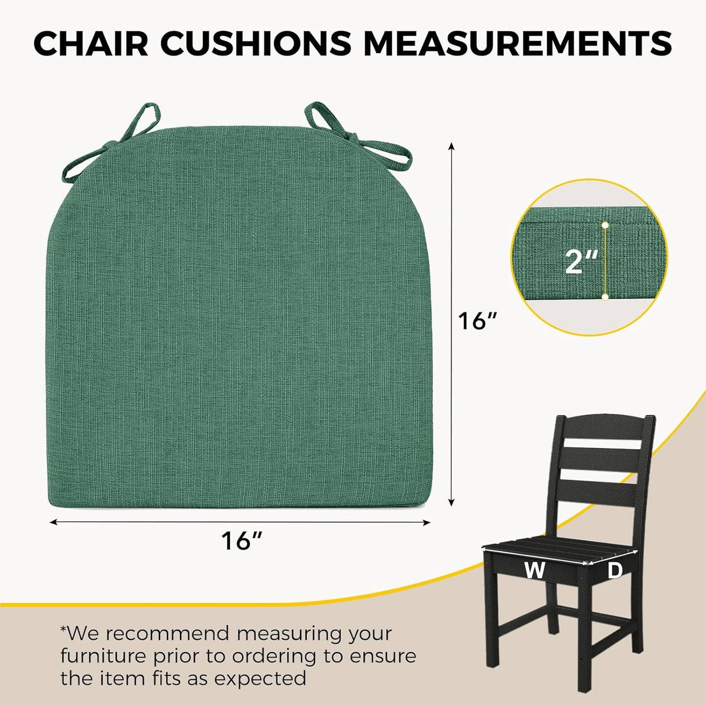 downluxe Indoor Chair Cushions for Dining Chairs, Soft and Comfortable Textured Memory Foam Kitchen Chair Pads with Ties and Non-Slip Backing, 16" x 16" x 2", Dark Green, 4 Pack