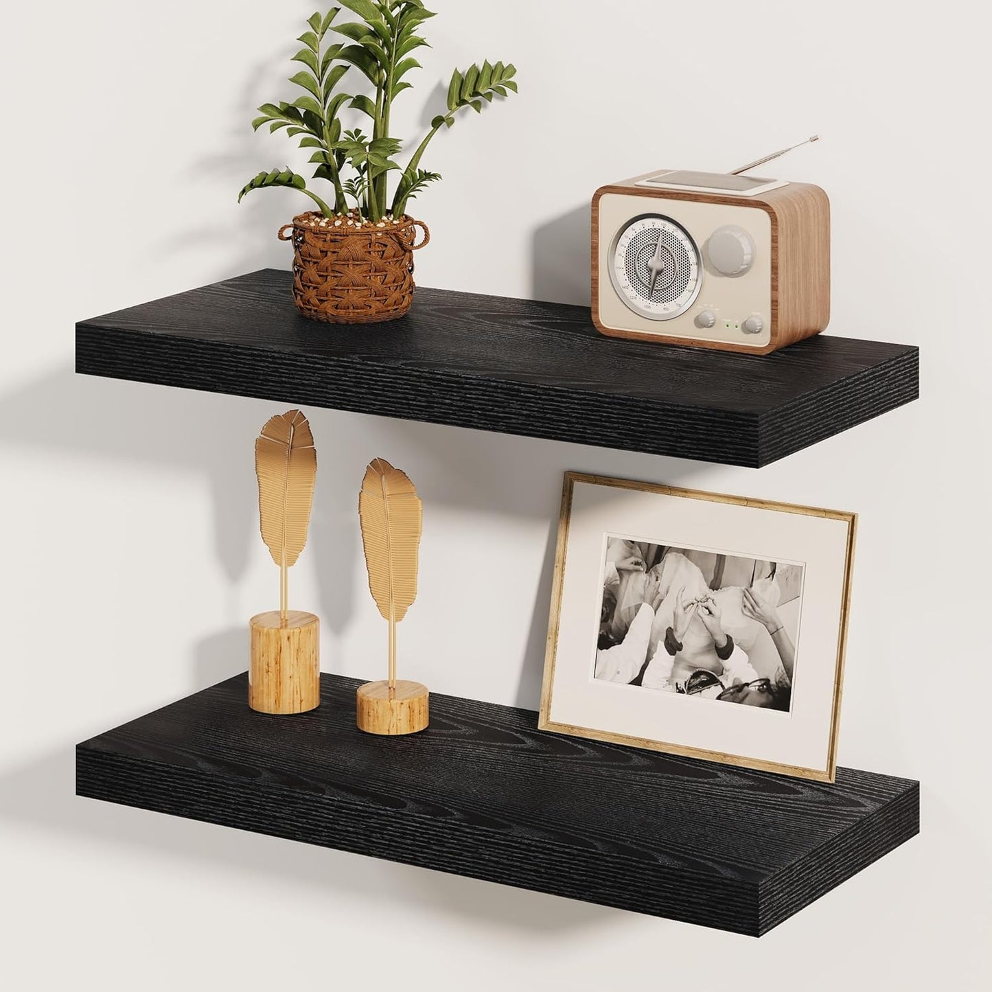 Fun Memories Rustic Black Floating Shelves 24 Inch Long, 8 Inch Deep Floating Shelf, 24 x 8 Wall Shelves Set of 2, Deep Black Bathroom Shelves, 24 Long Floating Bookshelf Wall Mounted