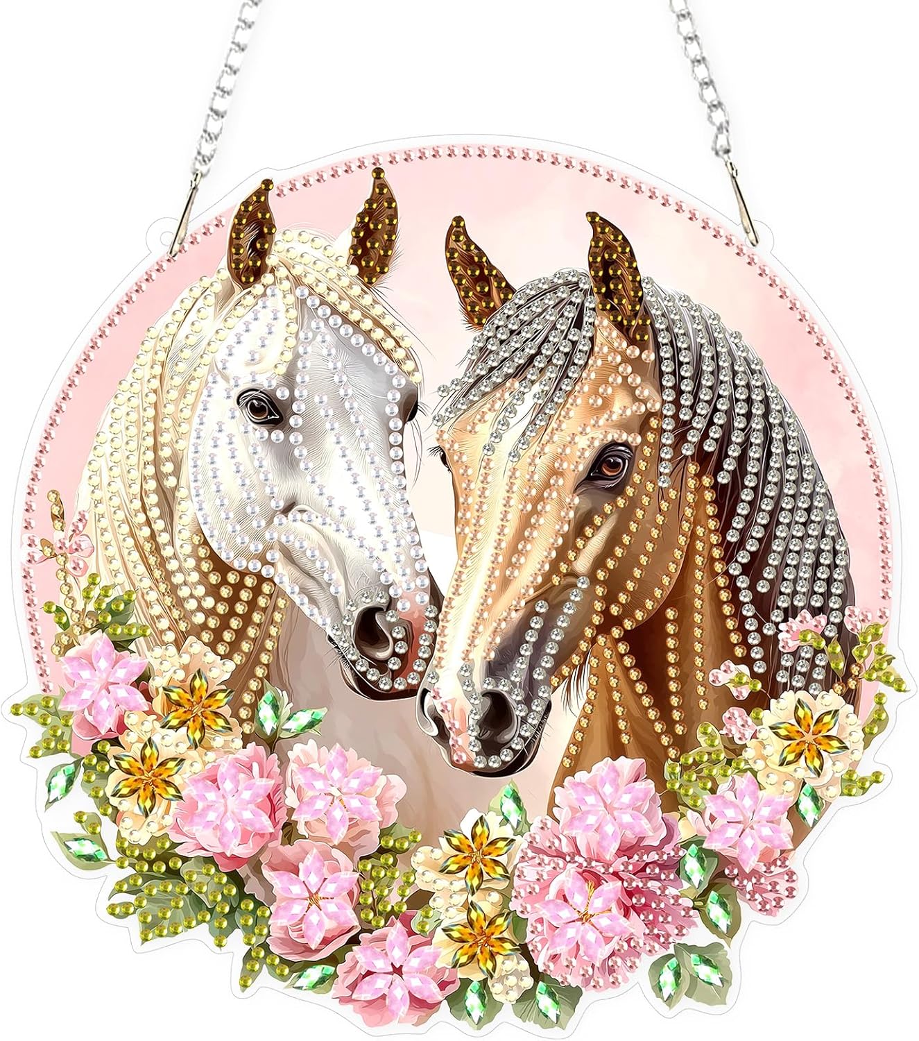 Lxmsja DIY Two Horses Diamond Painting Hanging Ornament, Double-Sided Acrylic Flowers Diamond Art Kit, Special Shaped Drill Pendant Window Art Kit, Suncatcher Hanging Craft Decoration 8x8 inch