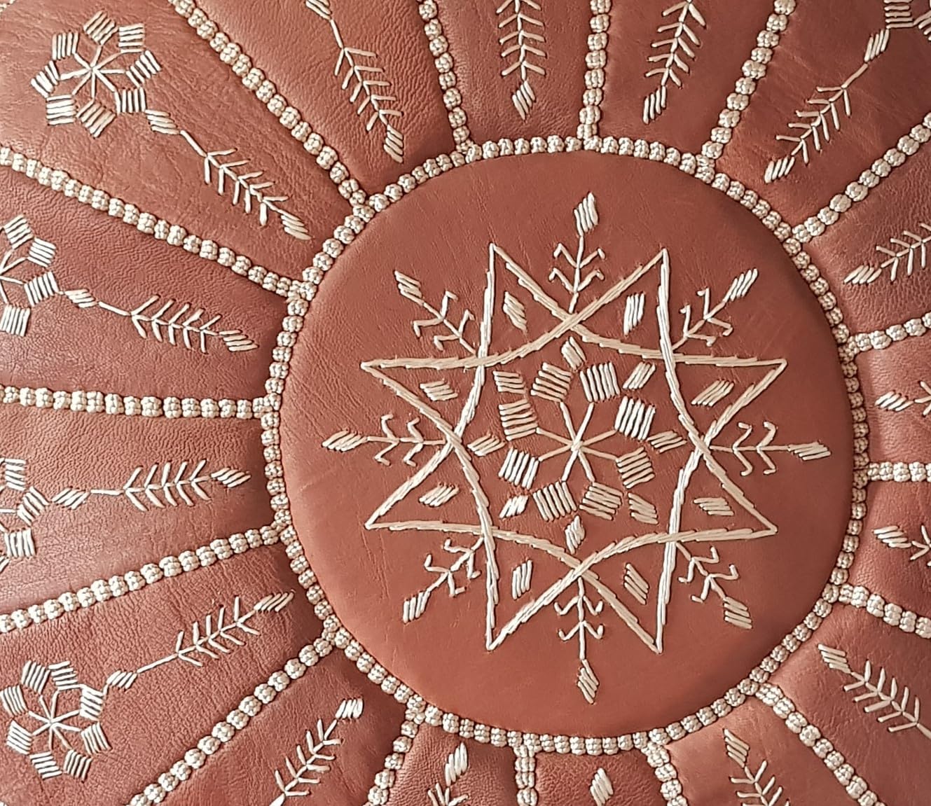 Stuffed Arch Design Moroccan Leather Pouf Ottoman, Handmade, Pre-Filled, 100% Genuine Leather, 14” Height x 22” Diameter – Boho Chic Footstool & Living Room Décor (Honey Cognac)